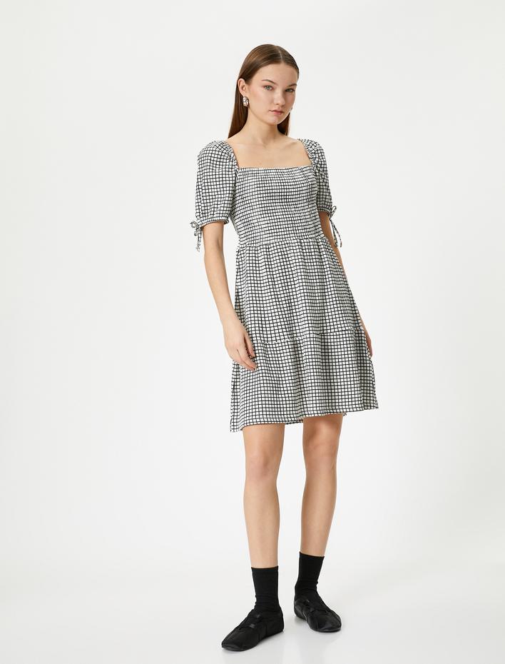  Balon Kol Elbise Mini Boy Kare Yaka Kısa Kollu Fiyonk Detaylı Bürümcük