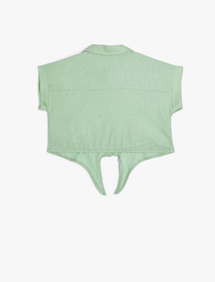 Kız Çocuk Gömlek Kısa Kollu Önü Bağlamalı Cepli Keten Karışımlı