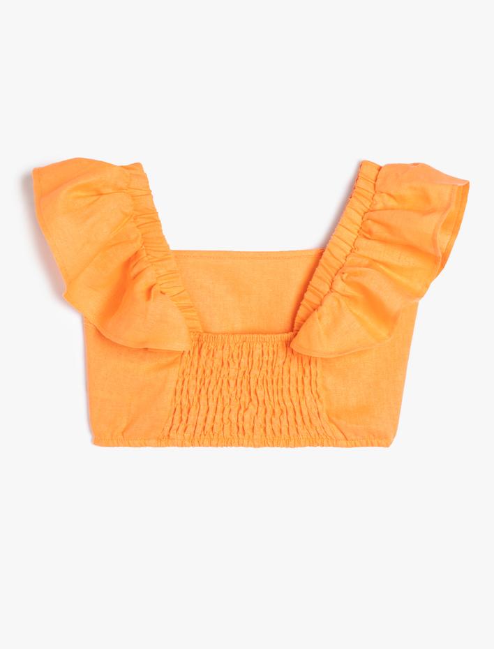 Kız Çocuk Keten Crop Bluz Kelebek Kollu Kare Yaka