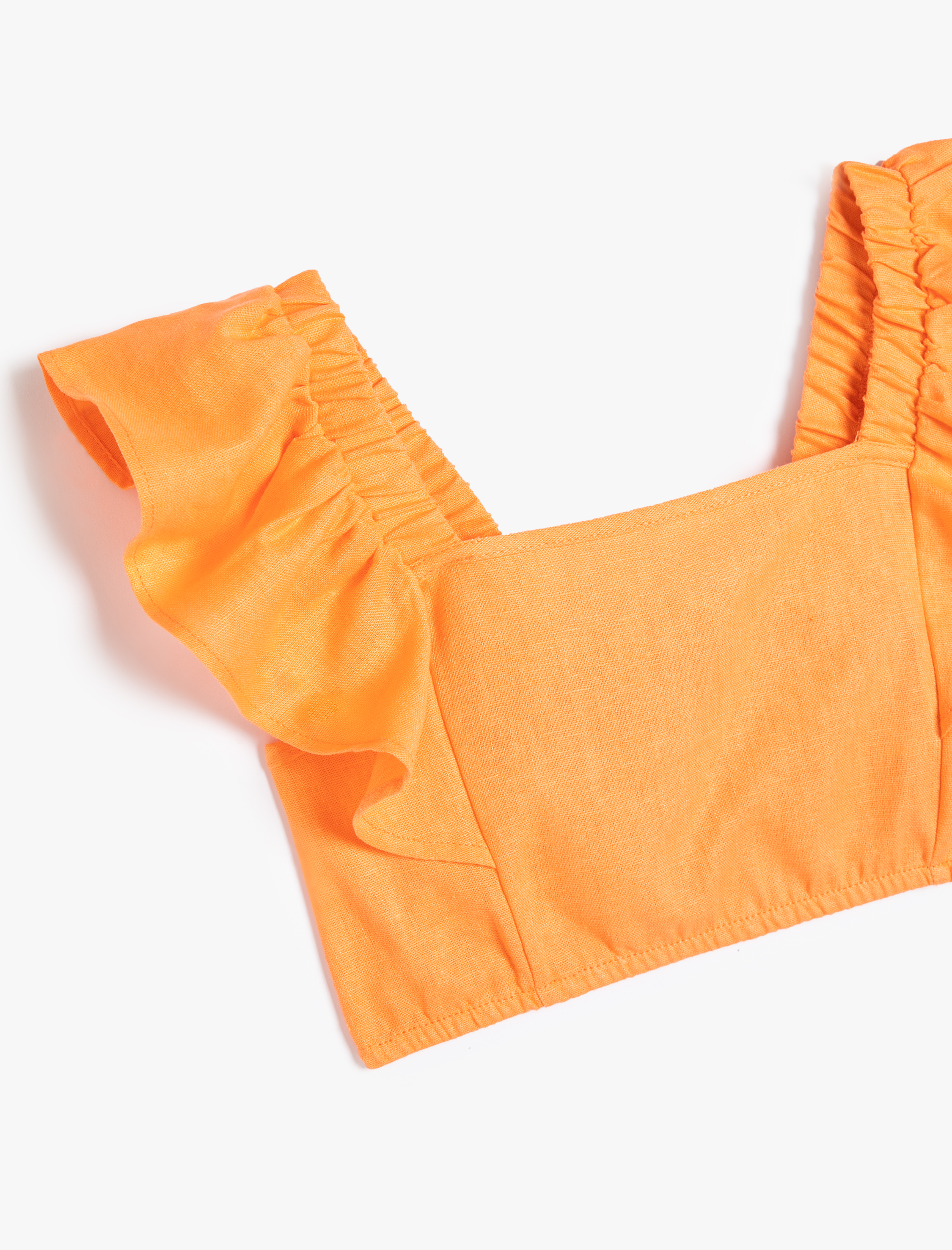  Kız Çocuk Keten Crop Bluz Kelebek Kollu Kare Yaka