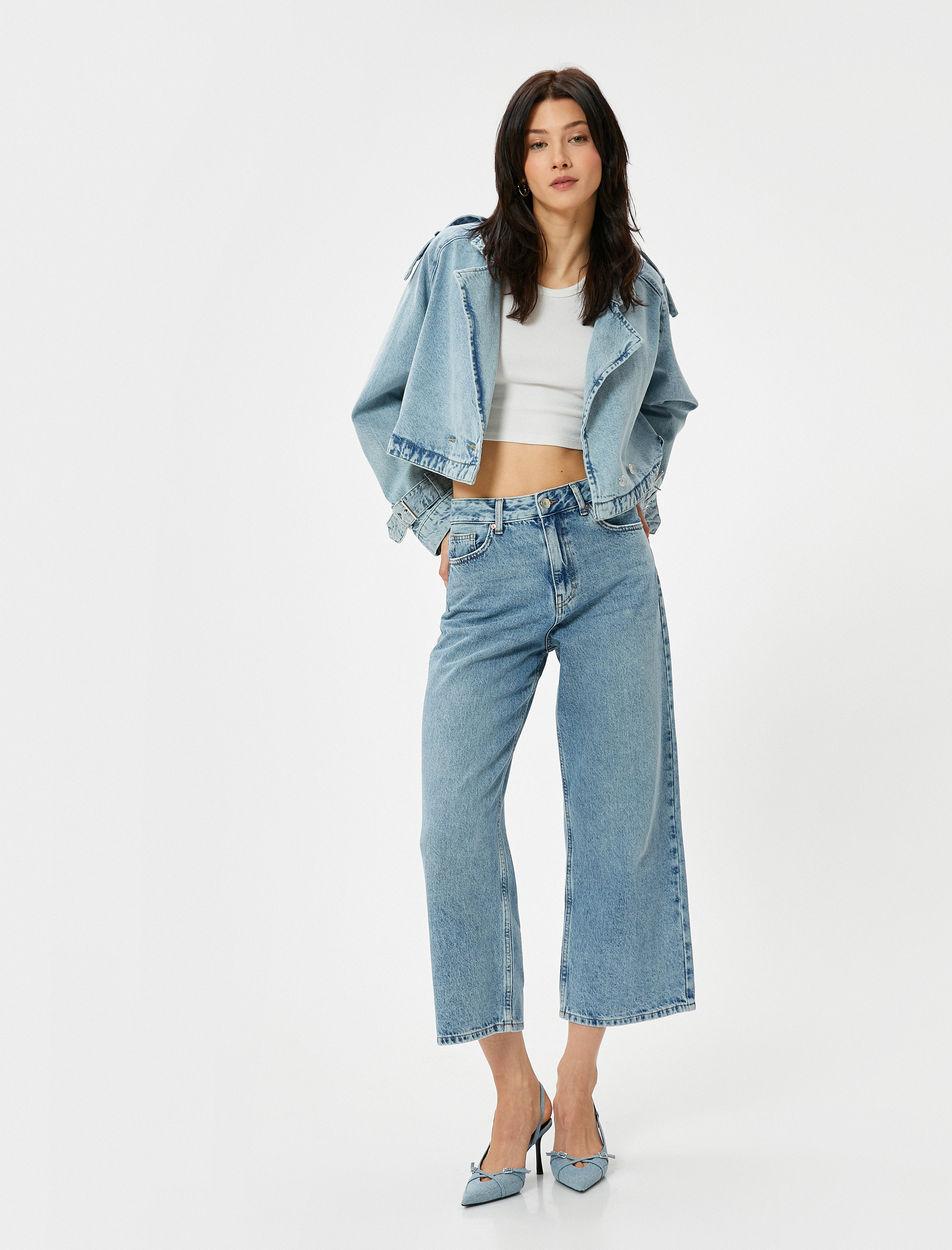   Geniş Kısa Paça Kot Pantolon Standart Bel Pamuklu Cepli - Bianca Crop Jean