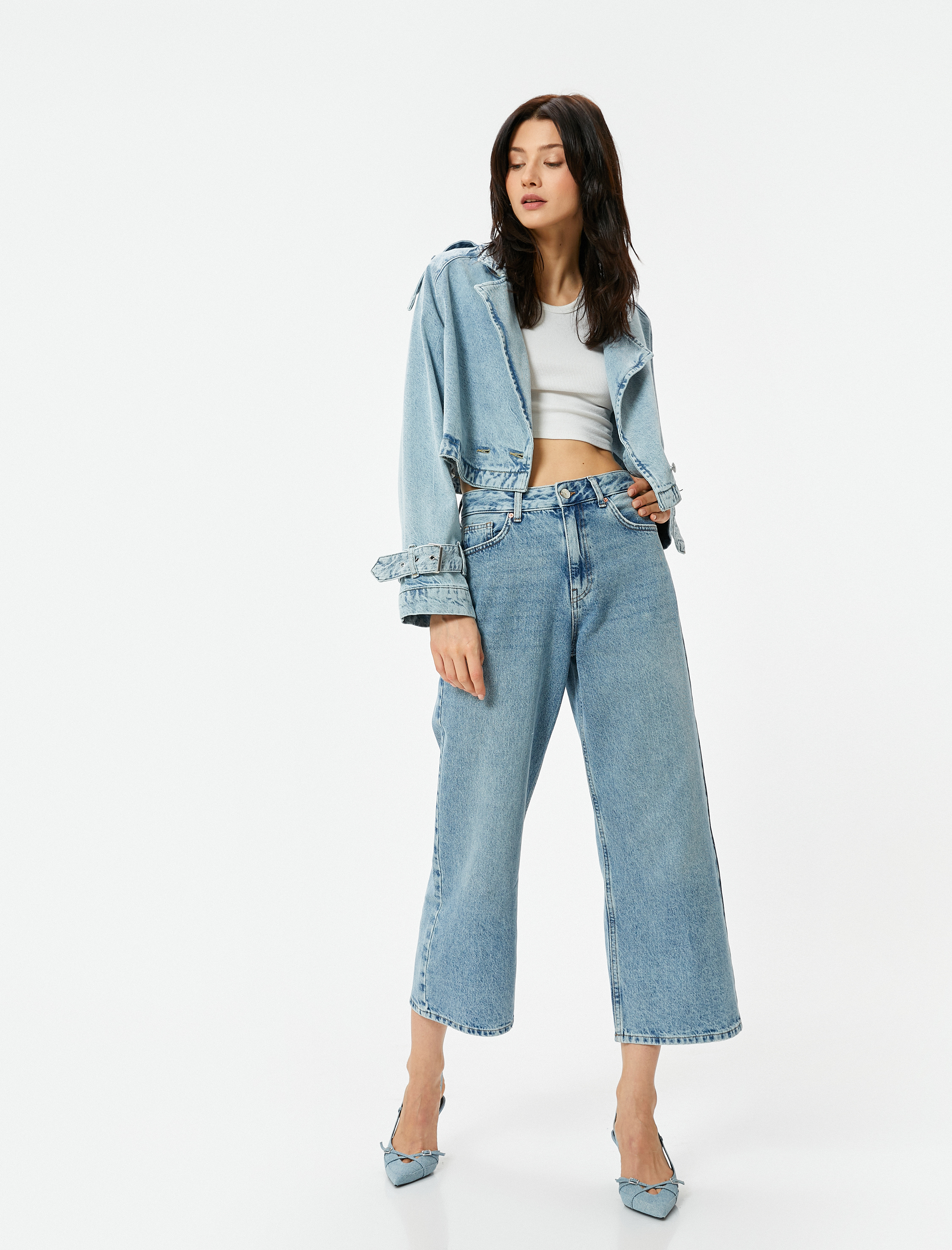   Geniş Kısa Paça Kot Pantolon Standart Bel Pamuklu Cepli - Bianca Crop Jean