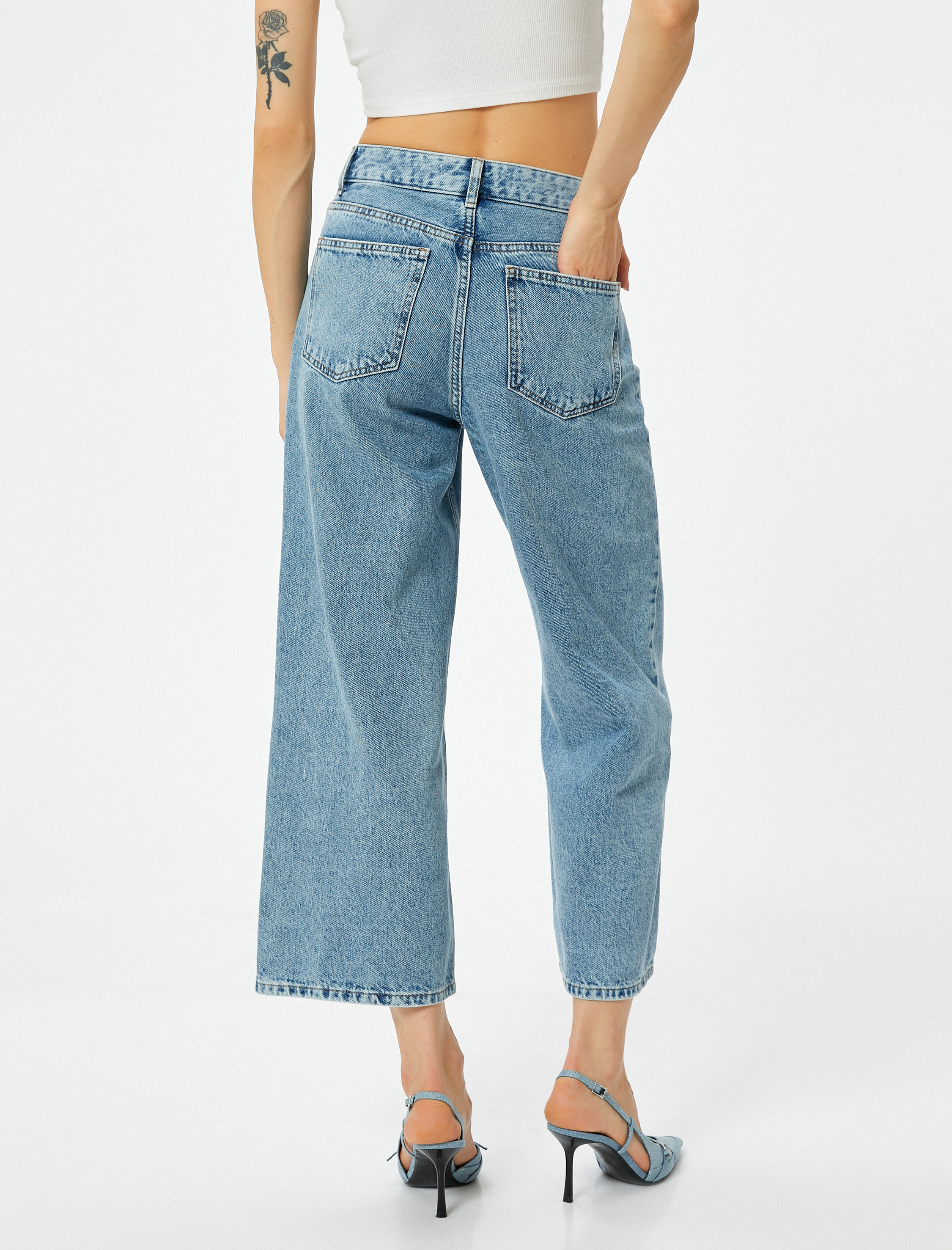   Geniş Kısa Paça Kot Pantolon Standart Bel Pamuklu Cepli - Bianca Crop Jean