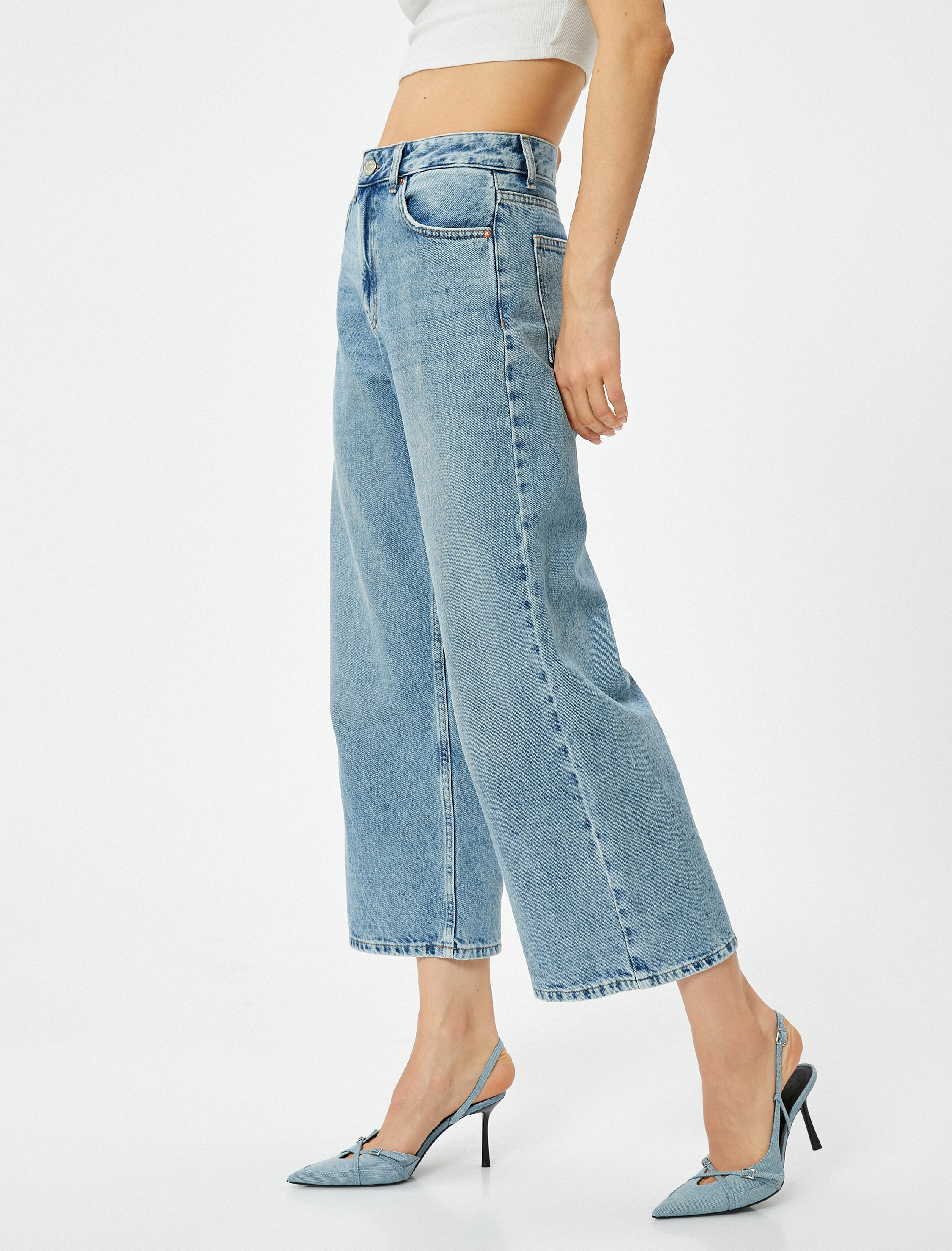   Geniş Kısa Paça Kot Pantolon Standart Bel Pamuklu Cepli - Bianca Crop Jean