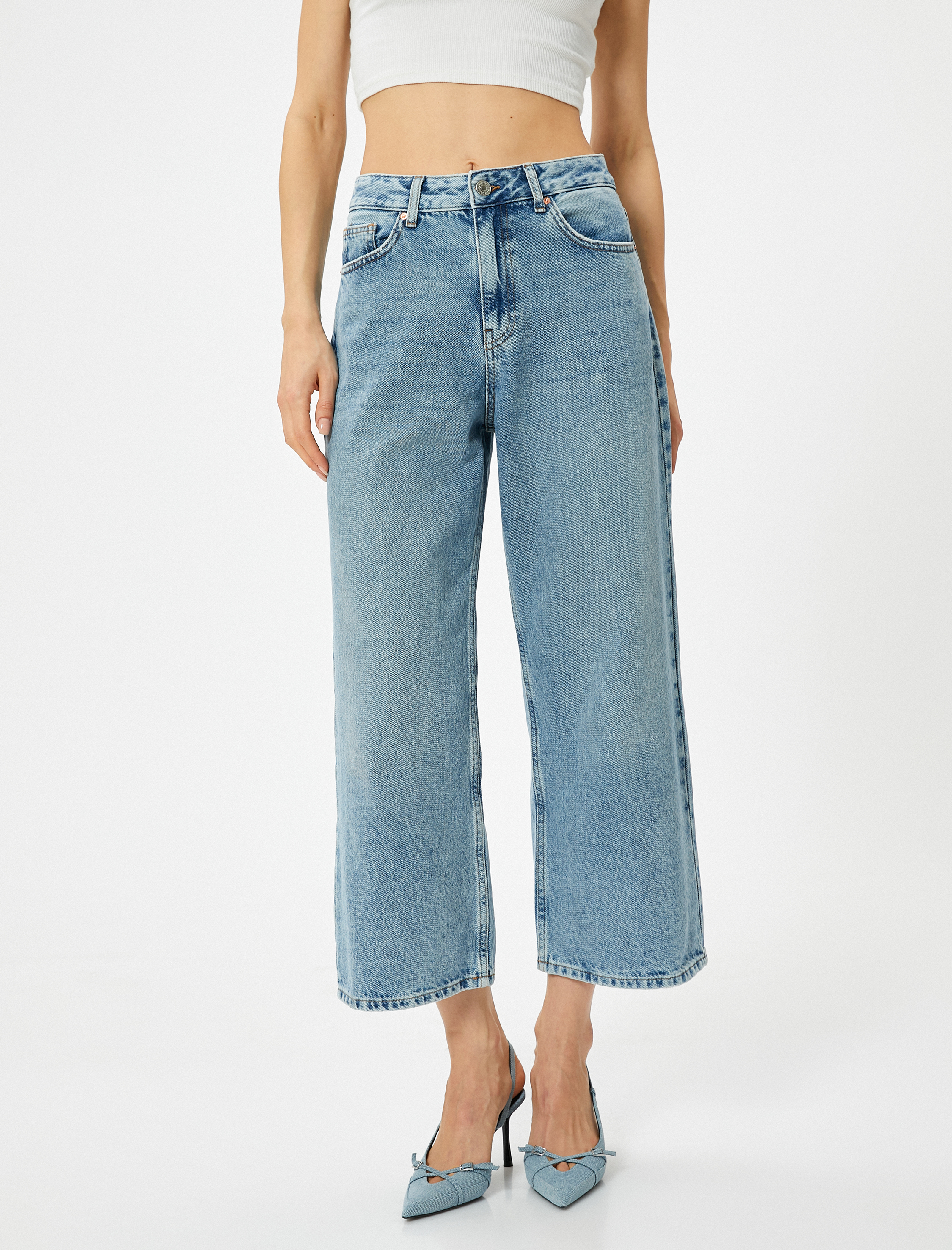   Geniş Kısa Paça Kot Pantolon Standart Bel Pamuklu Cepli - Bianca Crop Jean