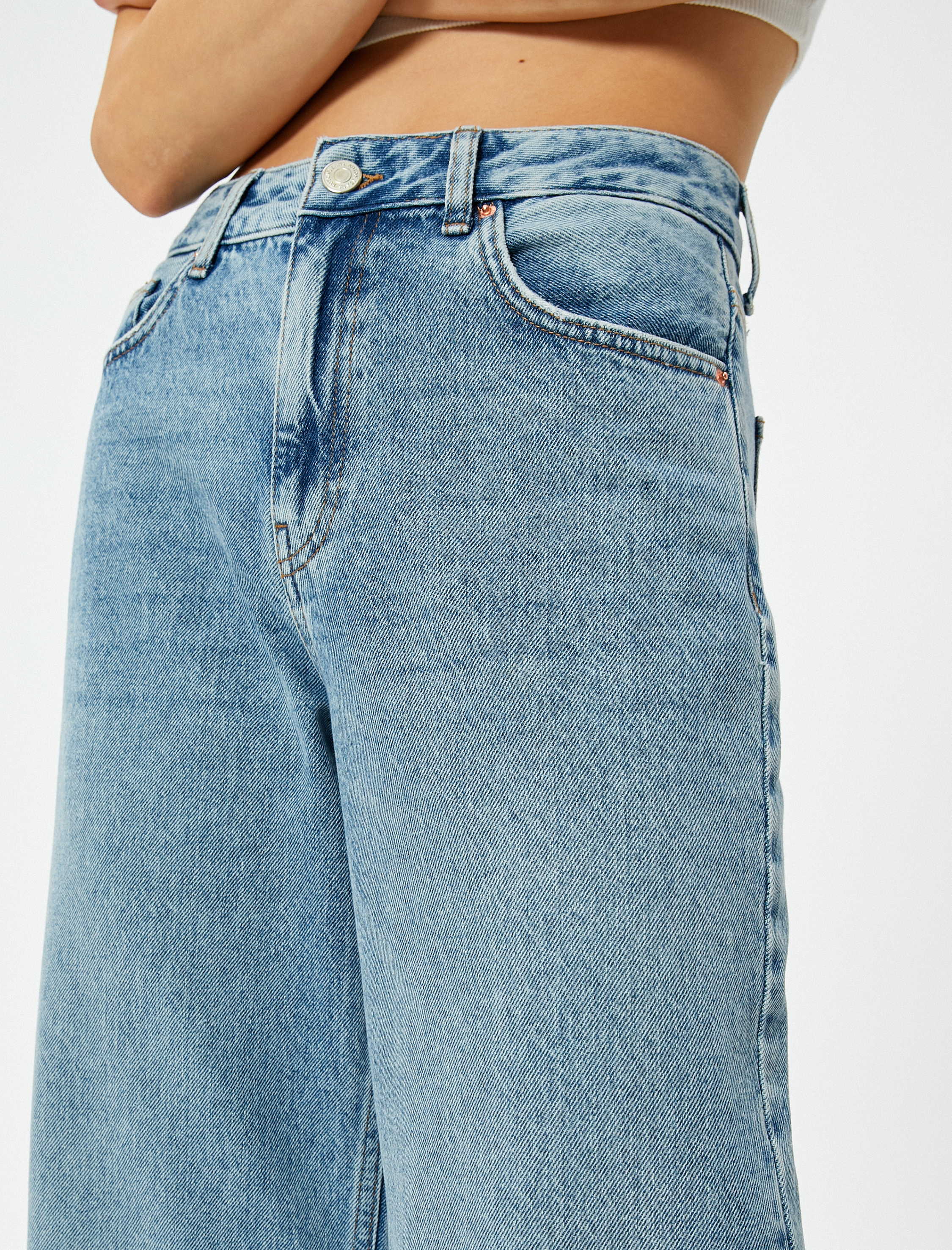   Geniş Kısa Paça Kot Pantolon Standart Bel Pamuklu Cepli - Bianca Crop Jean