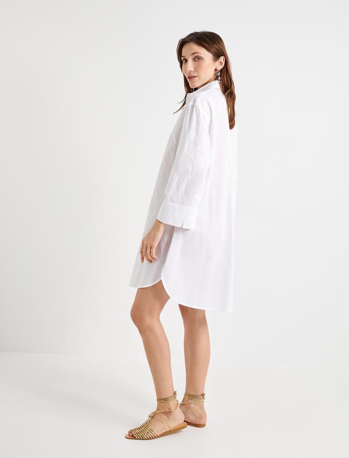  Uzun Tunik Çiçek İşlemeli Düğmeli Gömlek Yaka