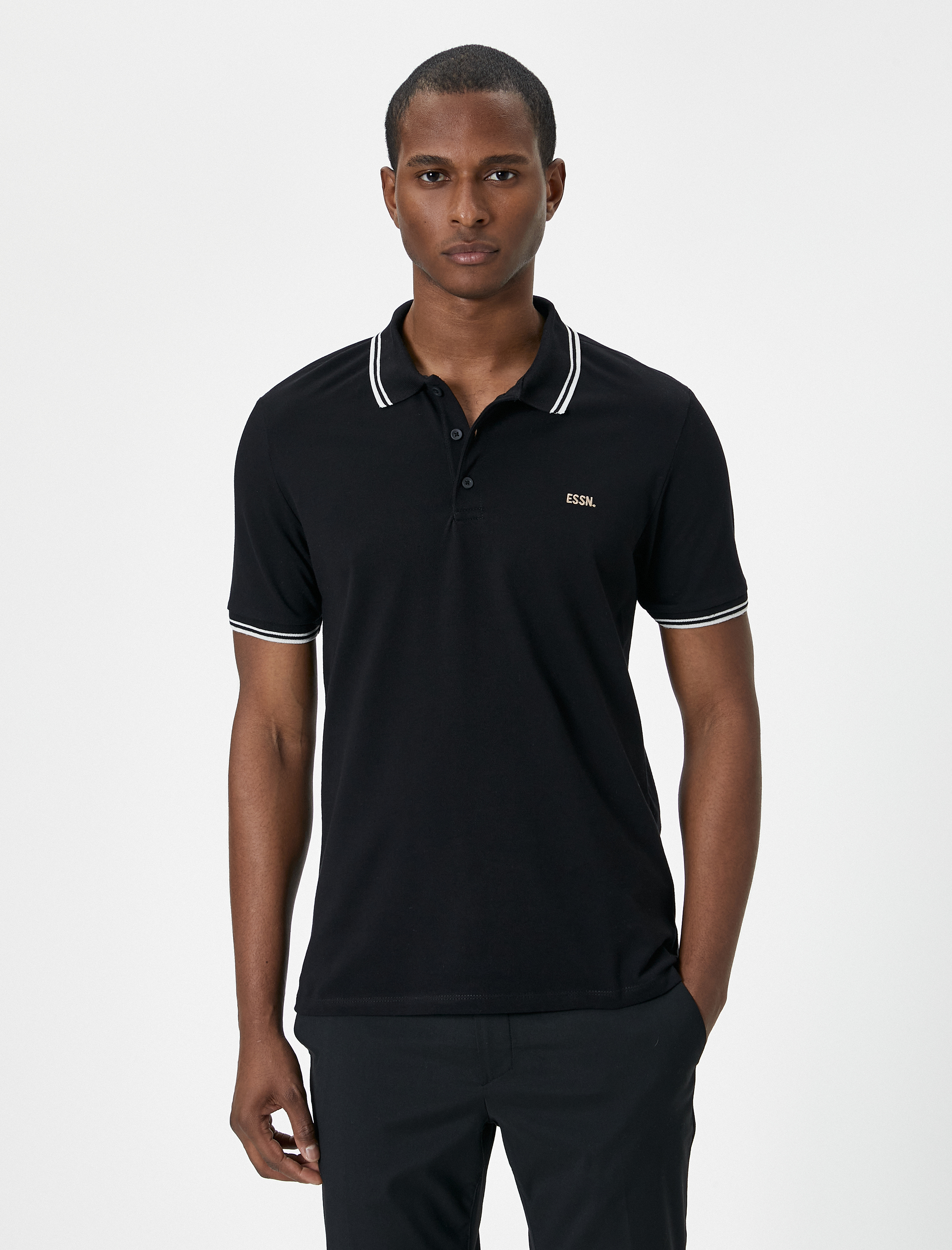   Polo Yaka Tişört Düğmeli Kısa Kollu Sloganlı Biyeli