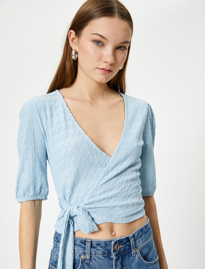  Kruvaze Balon Kol Crop Tişört Önden Bağlamalı Dokulu Bürümcük