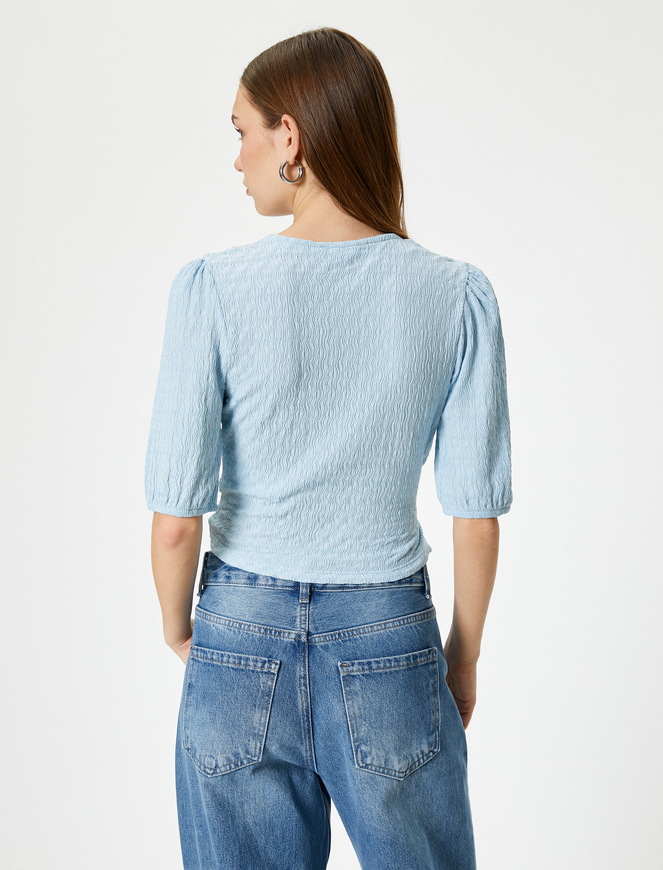   Kruvaze Balon Kol Crop Tişört Önden Bağlamalı Dokulu Bürümcük