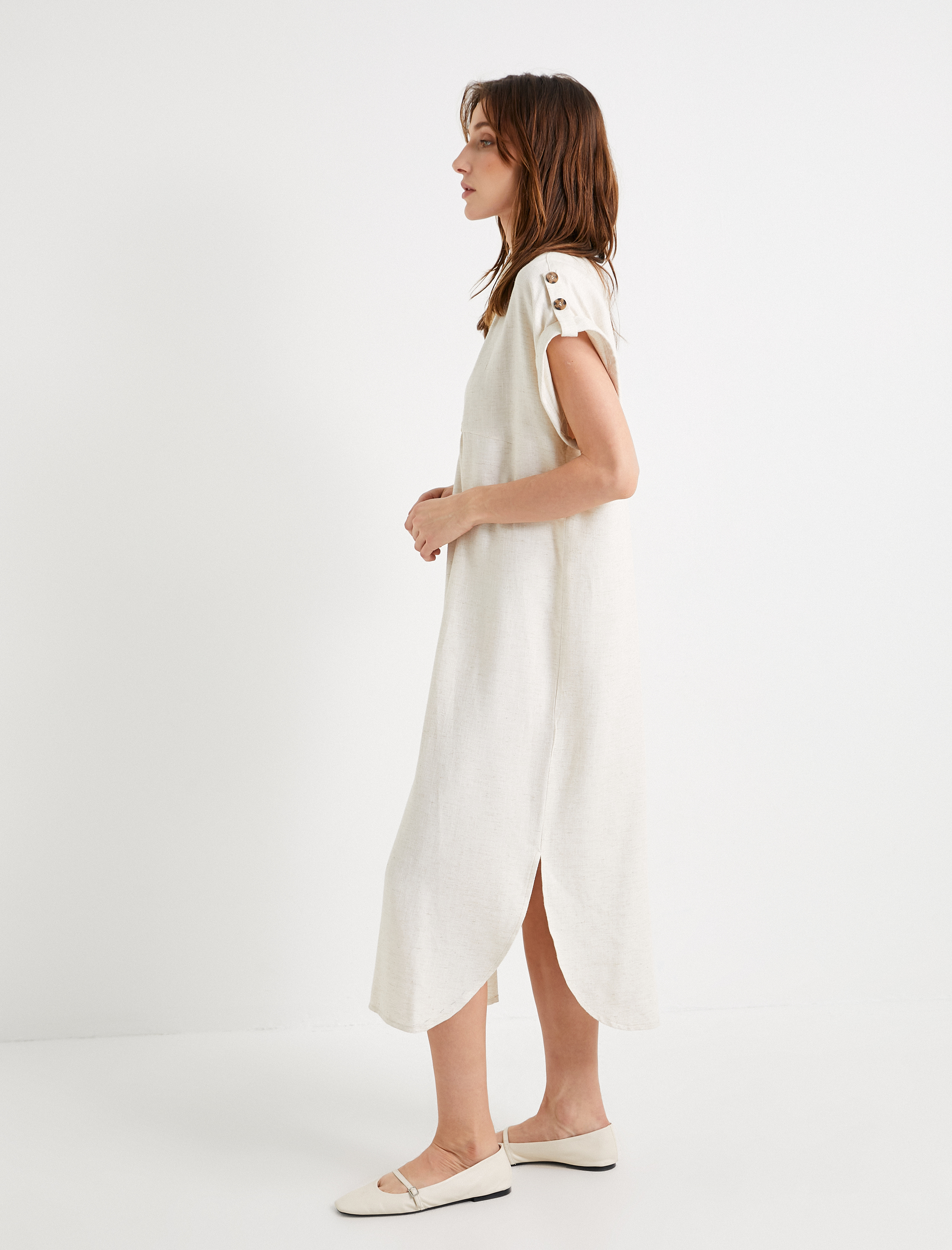   Midi Gömlek Elbise Viskon Kısa Kollu V Yaka