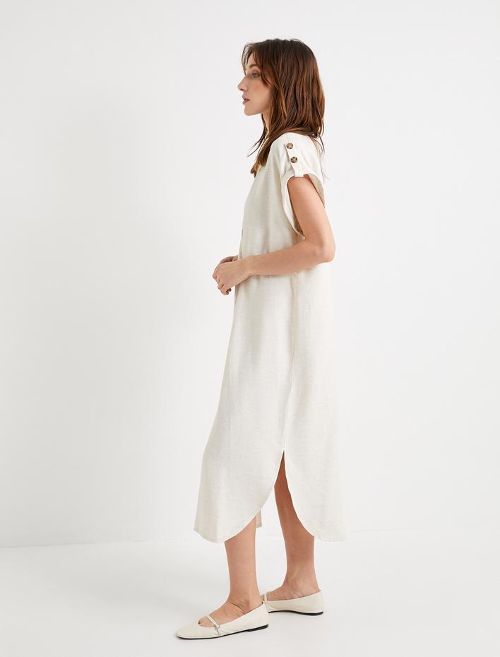  Midi Gömlek Elbise Viskon Kısa Kollu V Yaka