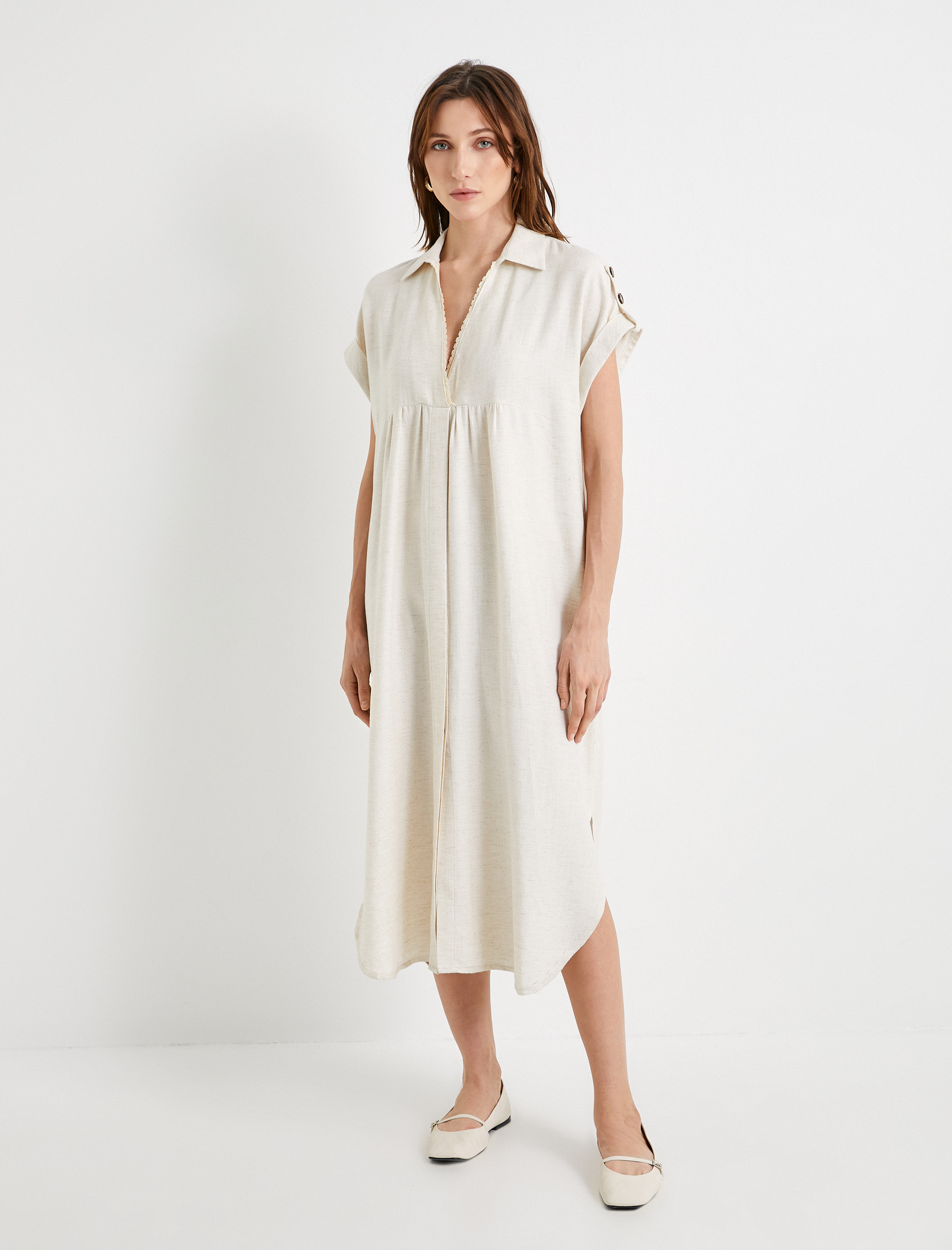   Midi Gömlek Elbise Viskon Kısa Kollu V Yaka