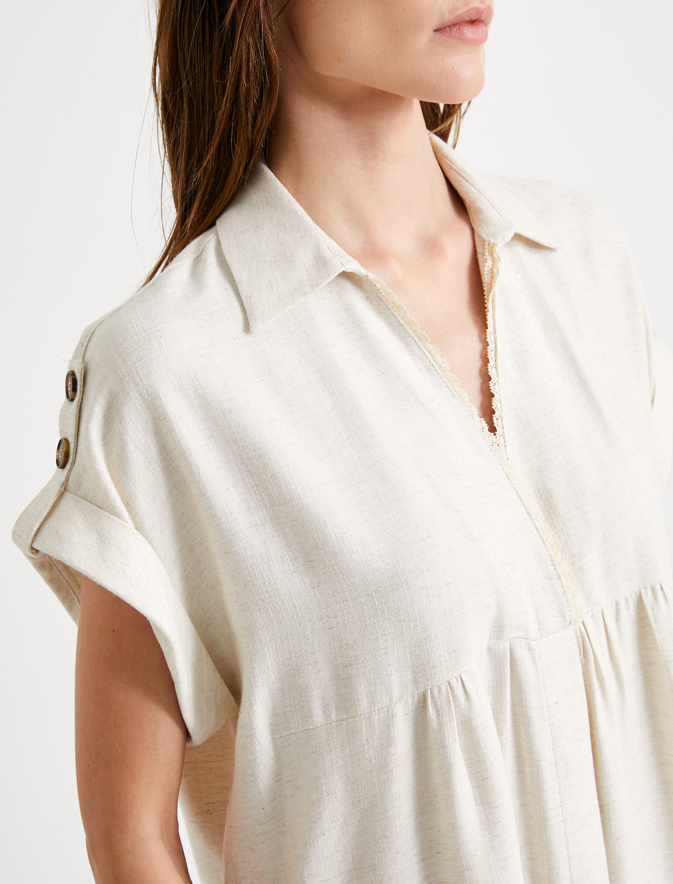   Midi Gömlek Elbise Viskon Kısa Kollu V Yaka