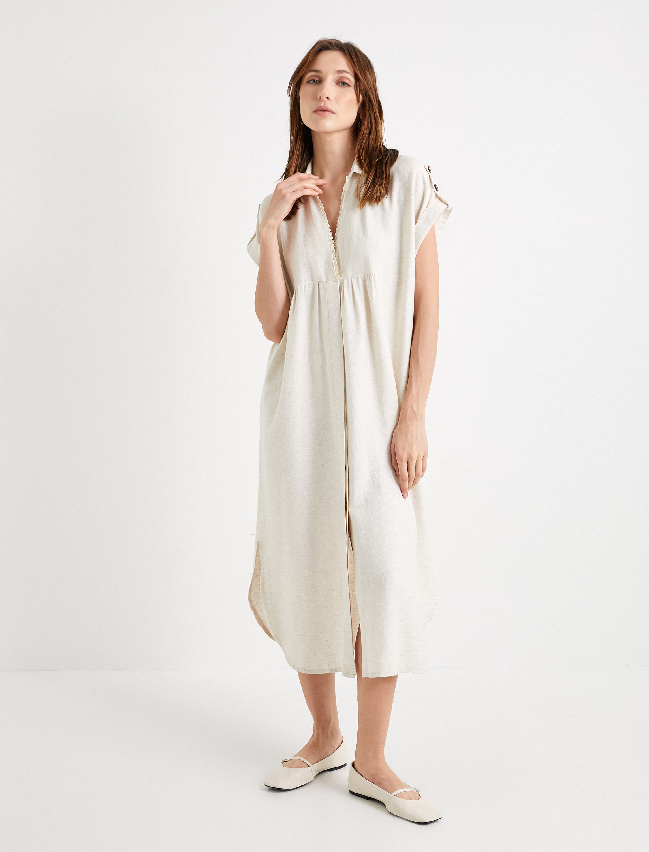   Midi Gömlek Elbise Viskon Kısa Kollu V Yaka