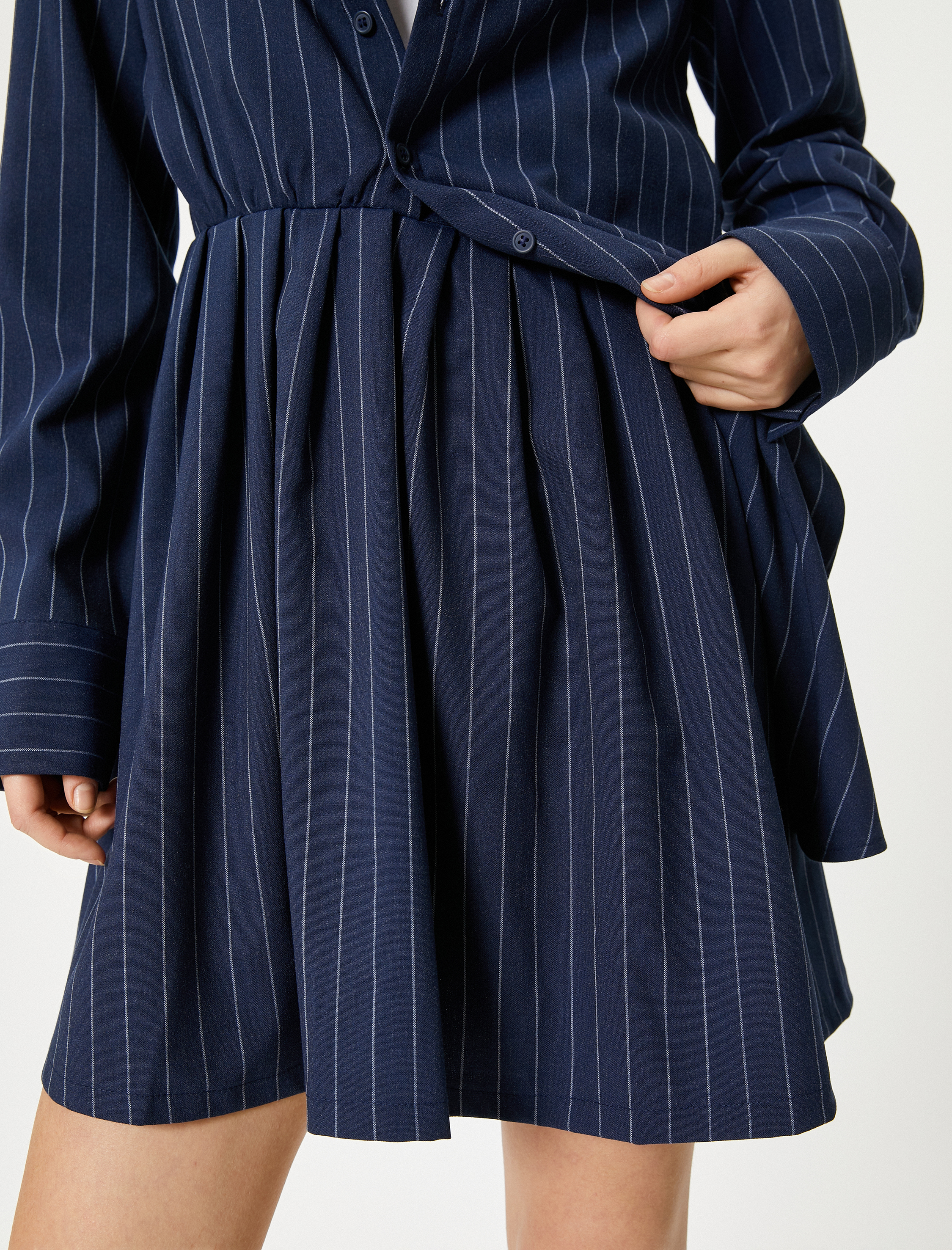   Gömlek Mini Elbise Yarım Pileli Uzun Kollu