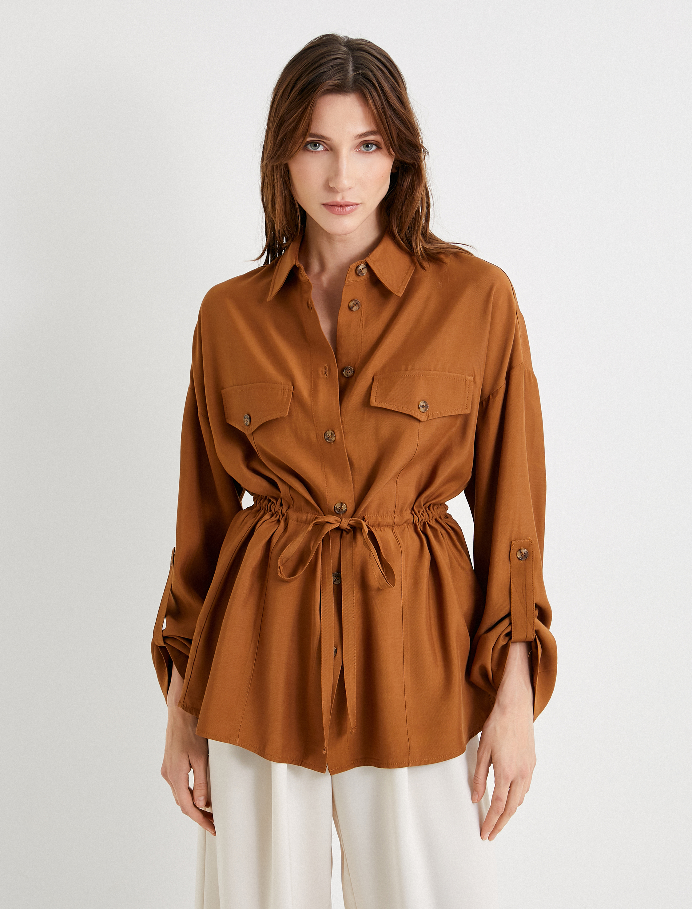   Mevsimlik Ceket Bel Detaylı Katlamalı Düğmeli Cepli