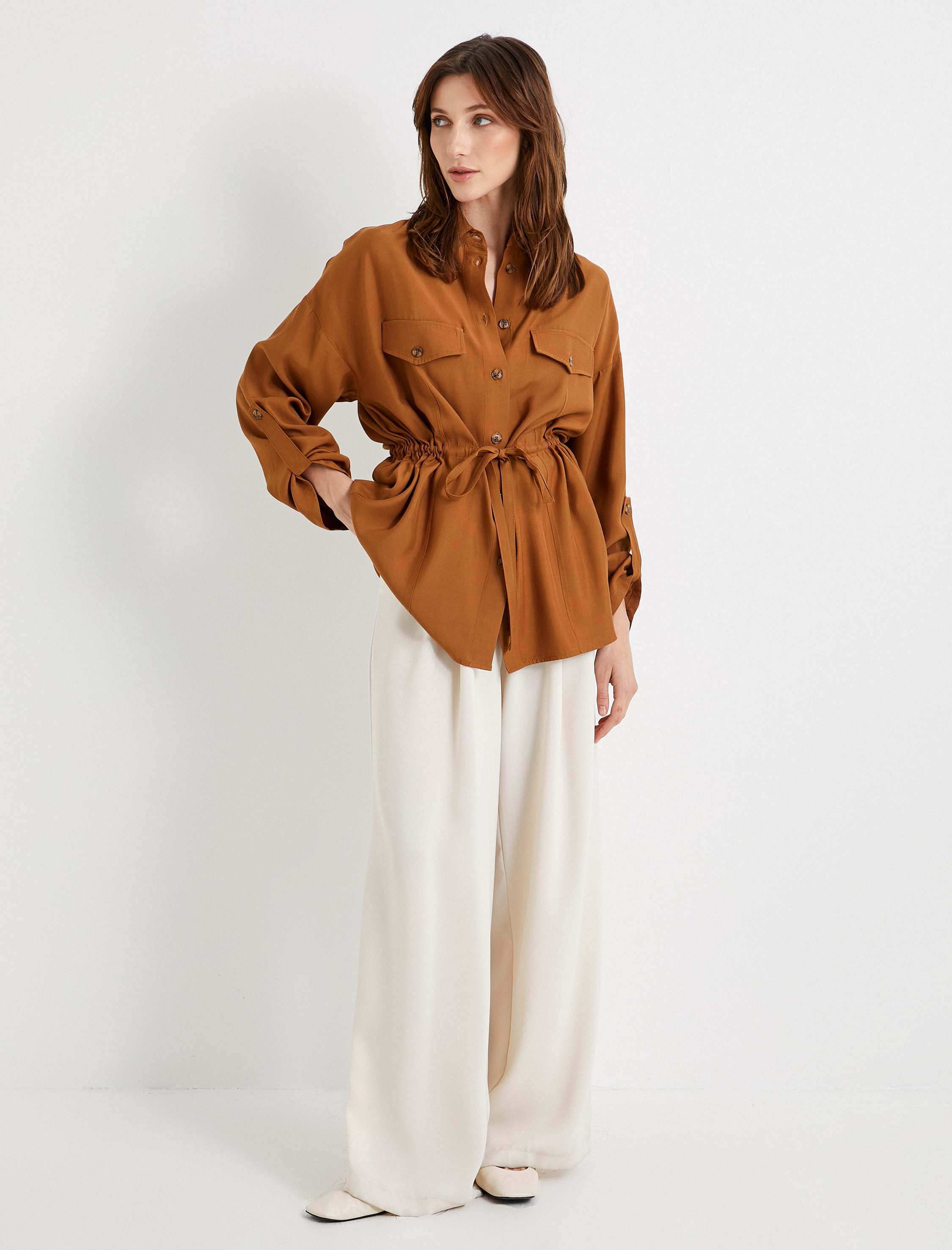   Mevsimlik Ceket Bel Detaylı Katlamalı Düğmeli Cepli