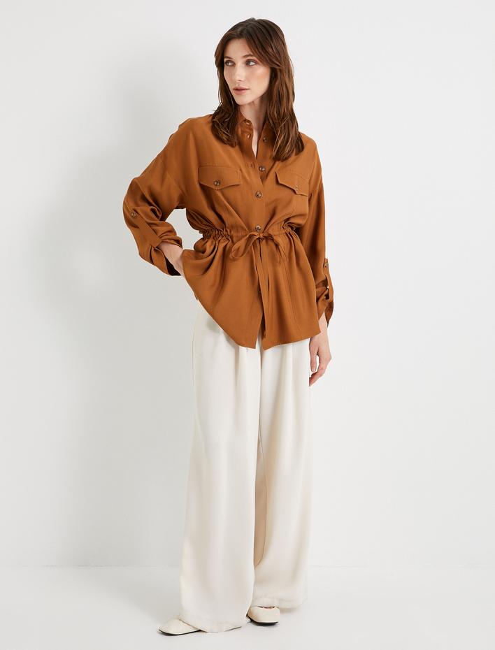  Mevsimlik Ceket Bel Detaylı Katlamalı Düğmeli Cepli