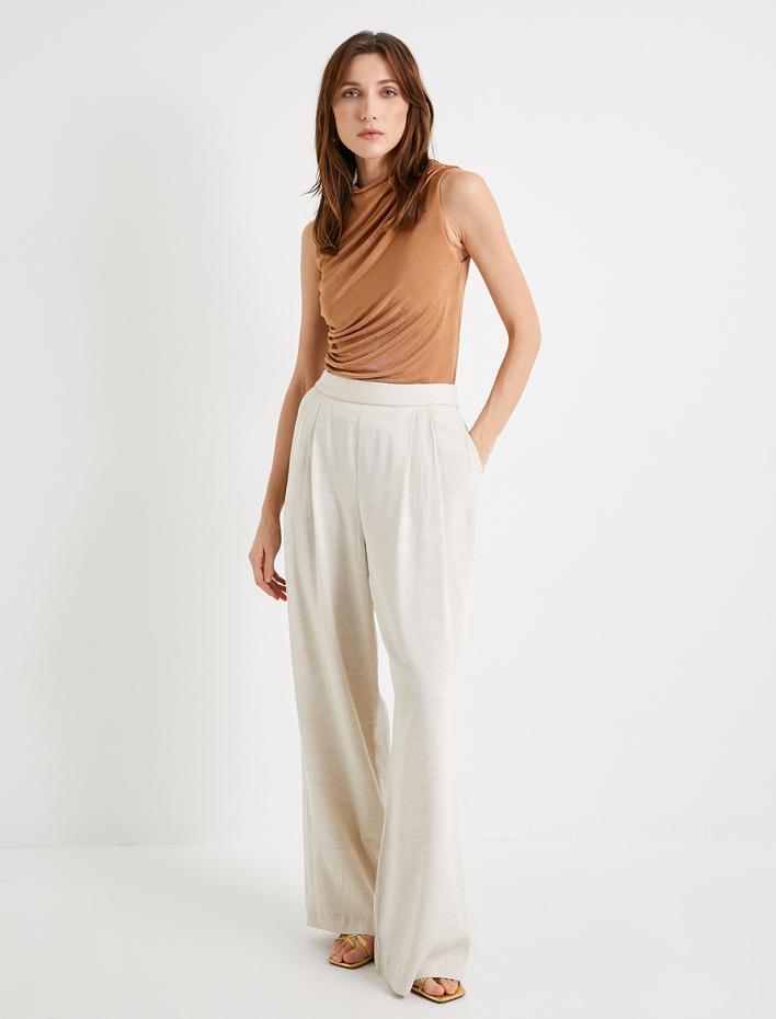  Palazzo Pantolon Yüksek Bel Cep Detaylı Beli Lastikli Keten Karışımlı