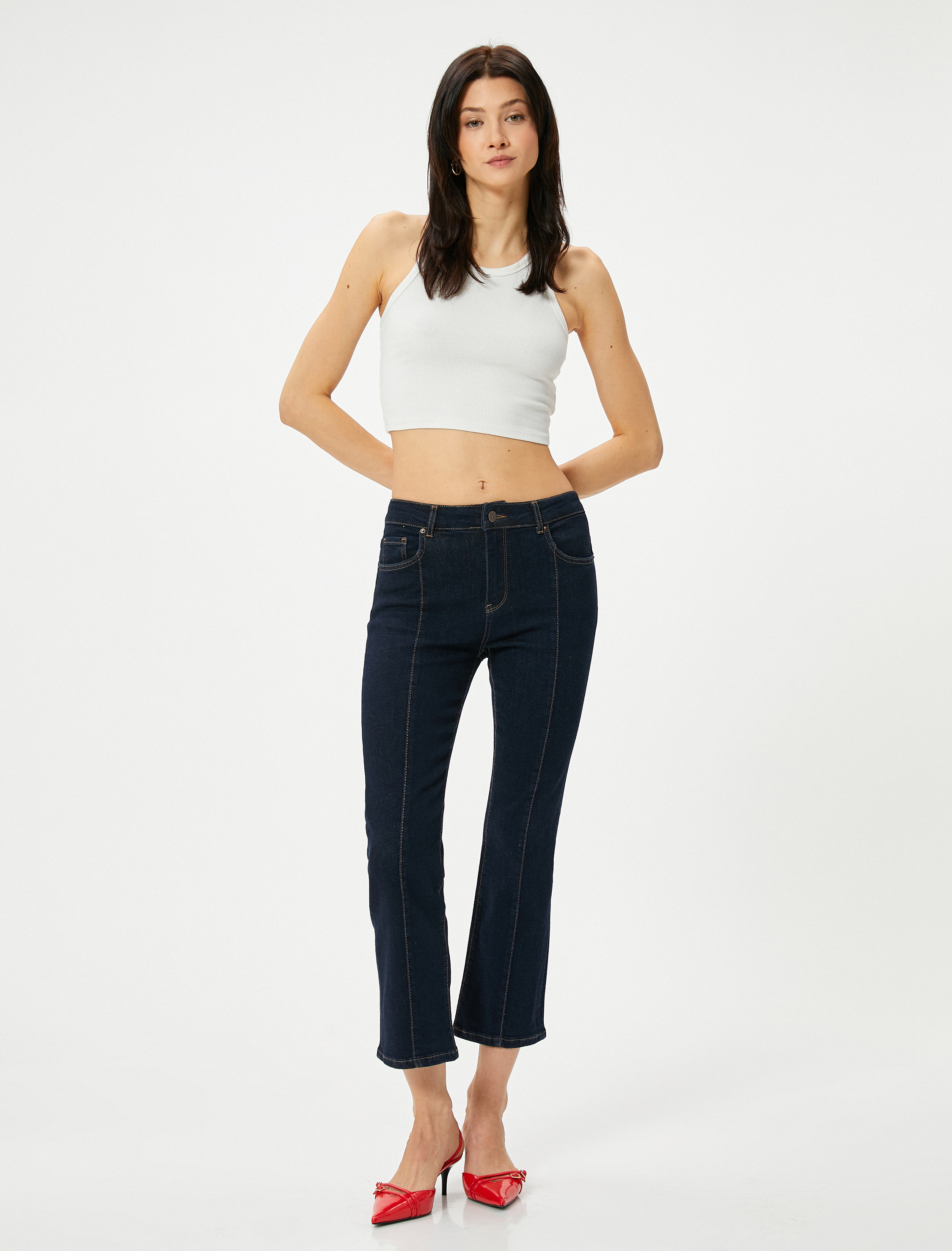   Kısa İspanyol Paça Kot Pantolon Nervürlü Standart Bel - Flare Crop Jean