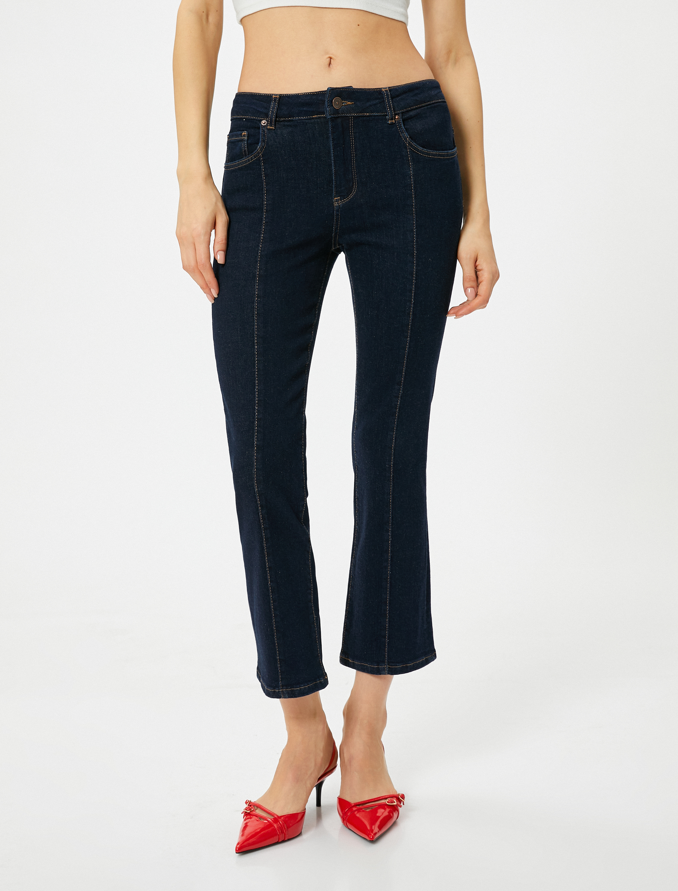   Kısa İspanyol Paça Kot Pantolon Nervürlü Standart Bel - Flare Crop Jean