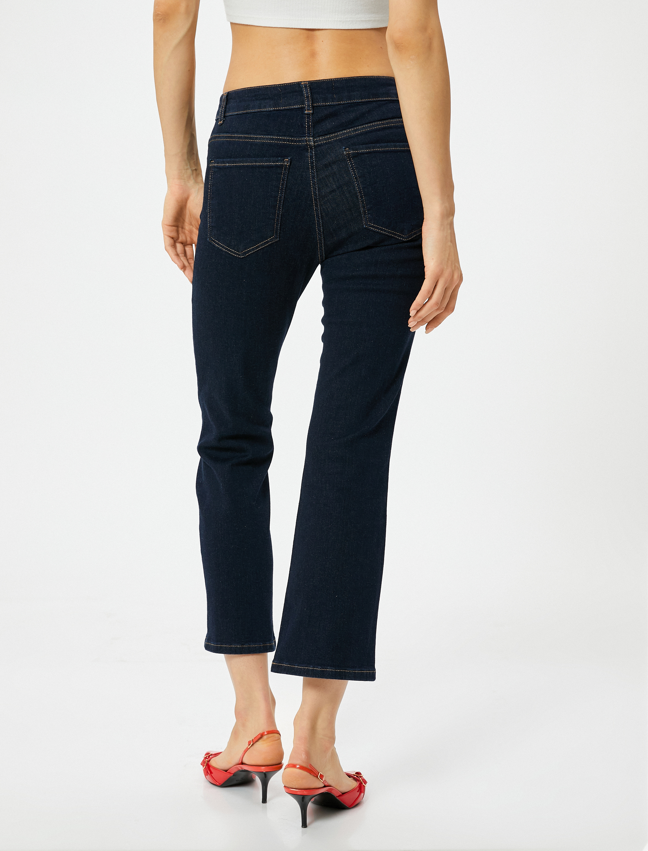   Kısa İspanyol Paça Kot Pantolon Nervürlü Standart Bel - Flare Crop Jean