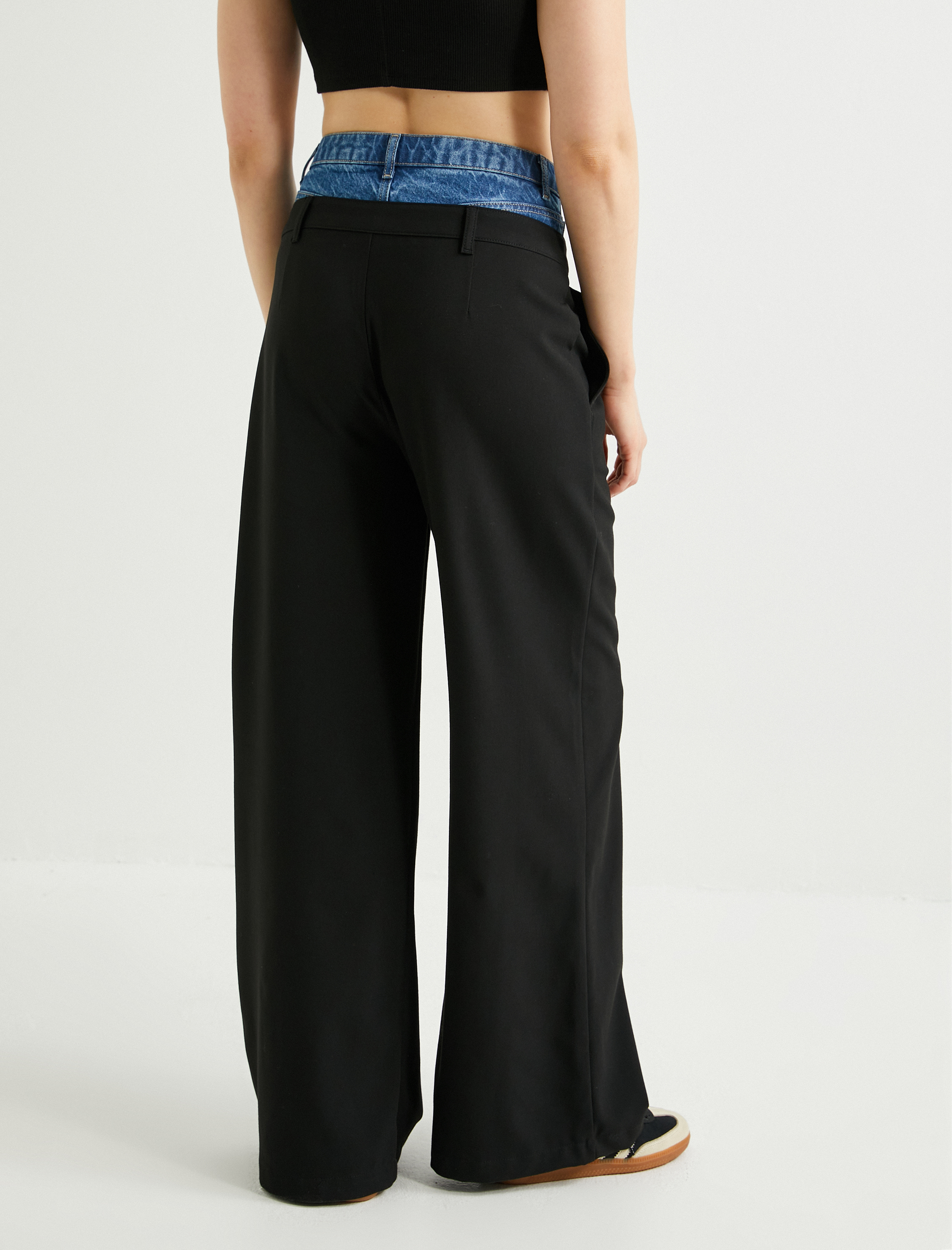   Kontrast Çift Bel Baggy Kumaş Pantolon Düz Paça Cepli