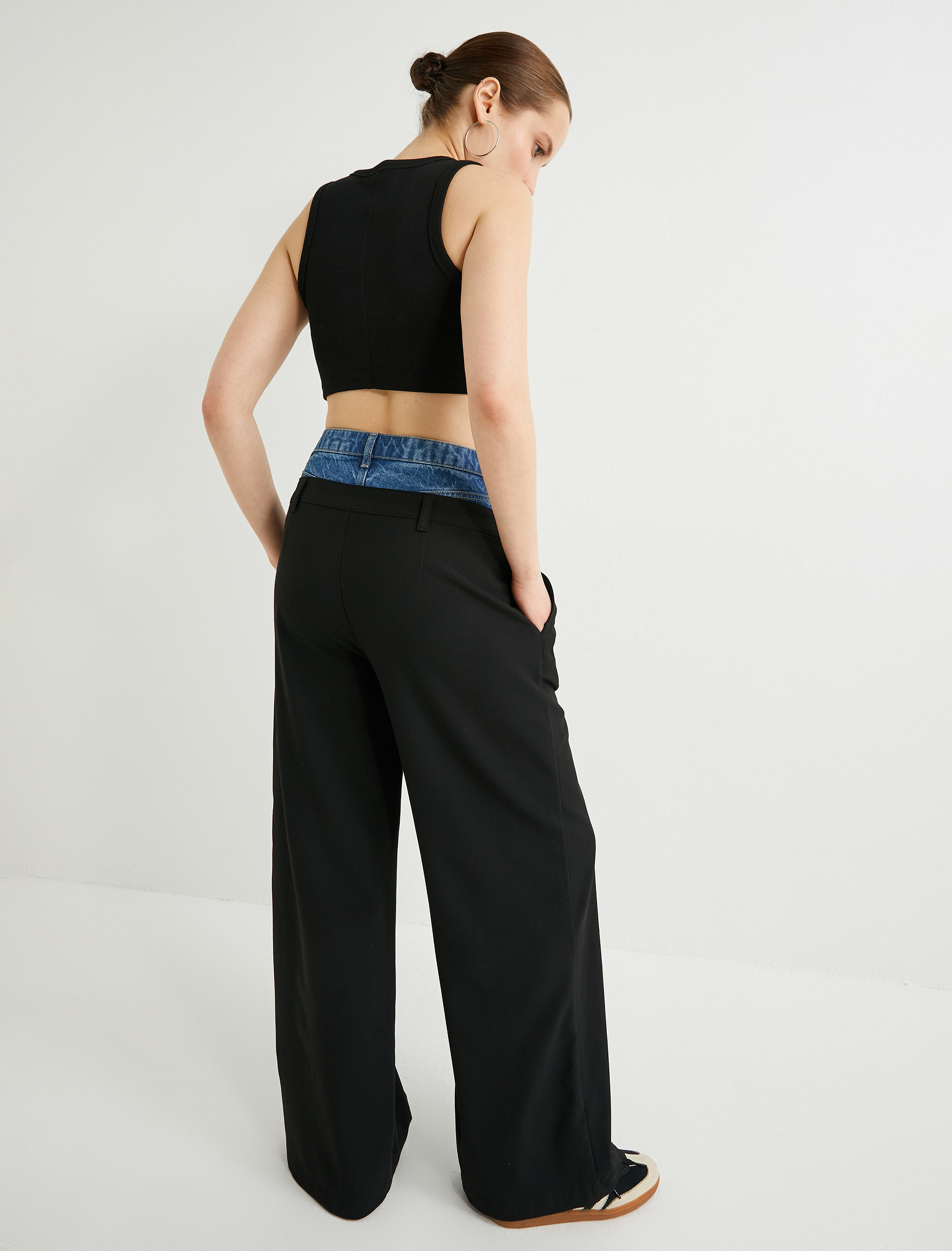   Kontrast Çift Bel Baggy Kumaş Pantolon Düz Paça Cepli