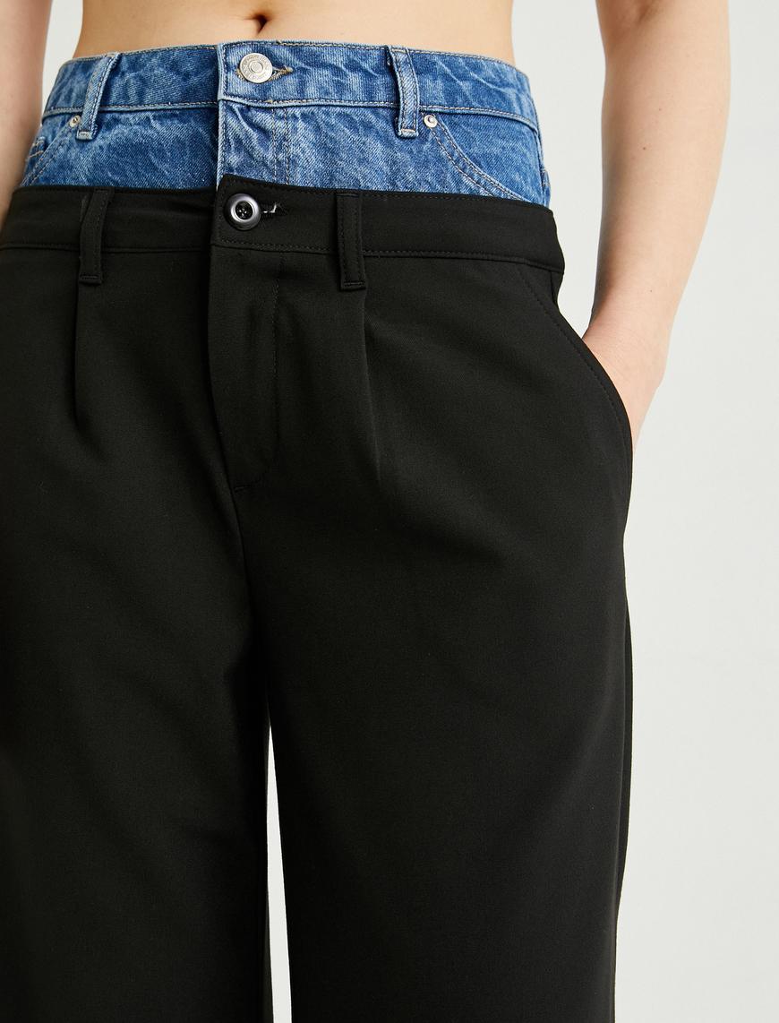   Kontrast Çift Bel Kumaş Pantolon Düz Paça Cepli