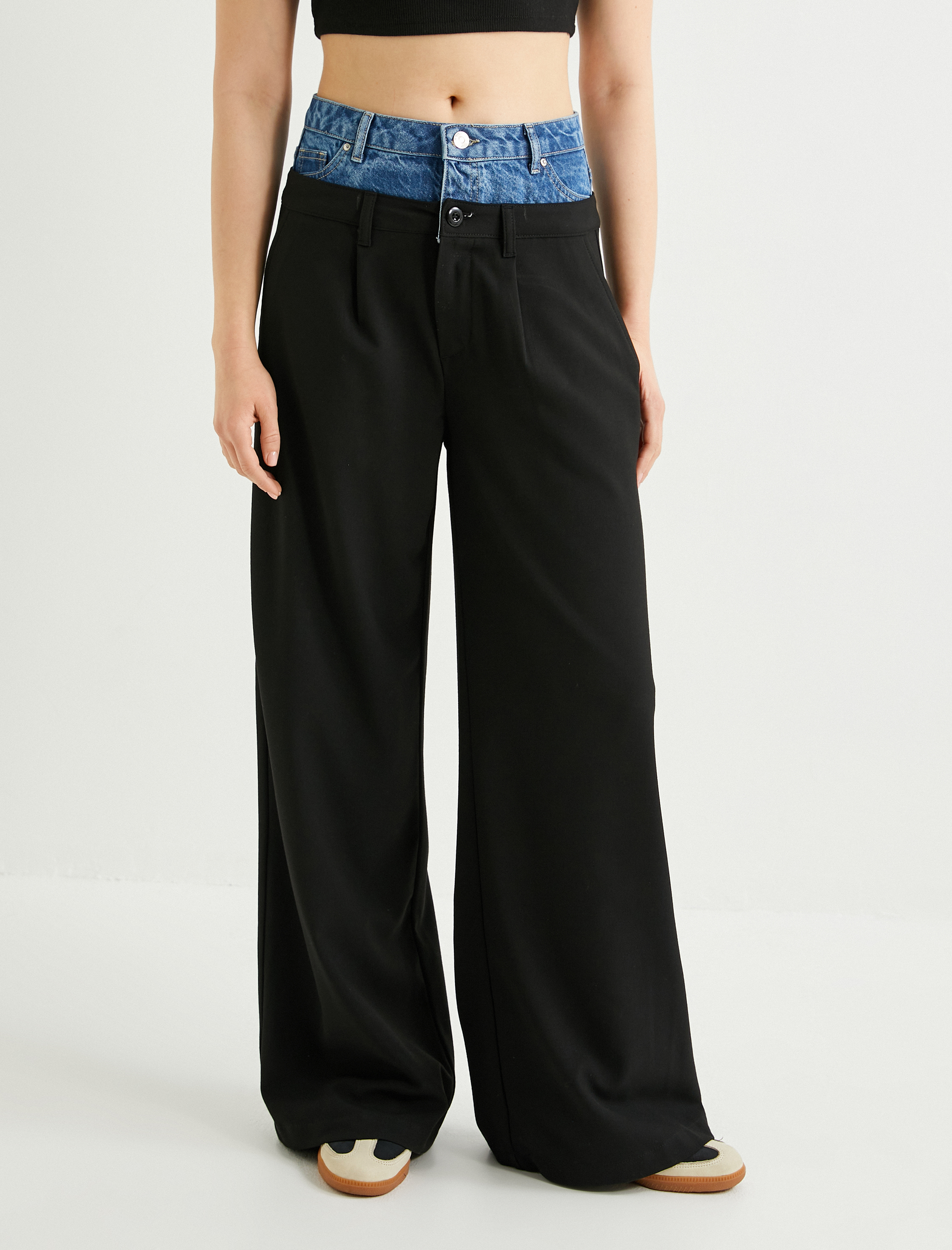   Kontrast Çift Bel Baggy Kumaş Pantolon Düz Paça Cepli