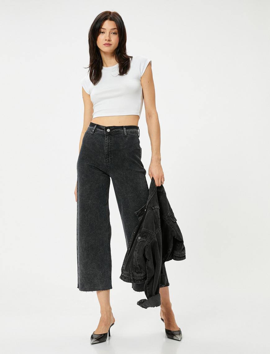   Kısa Geniş Paça Kot Pantolon Cepli - Sandra Culotte Jeans