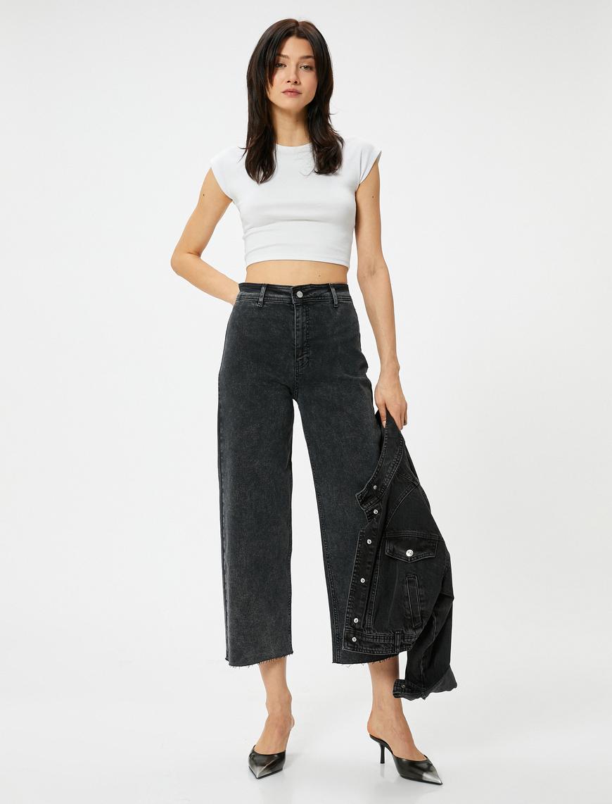   Kısa Geniş Paça Kot Pantolon Cepli - Sandra Culotte Jeans
