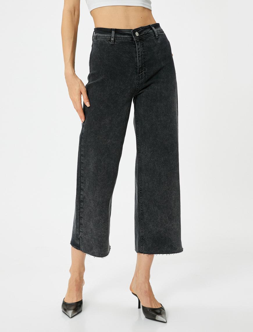   Kısa Geniş Paça Kot Pantolon Cepli - Sandra Culotte Jeans