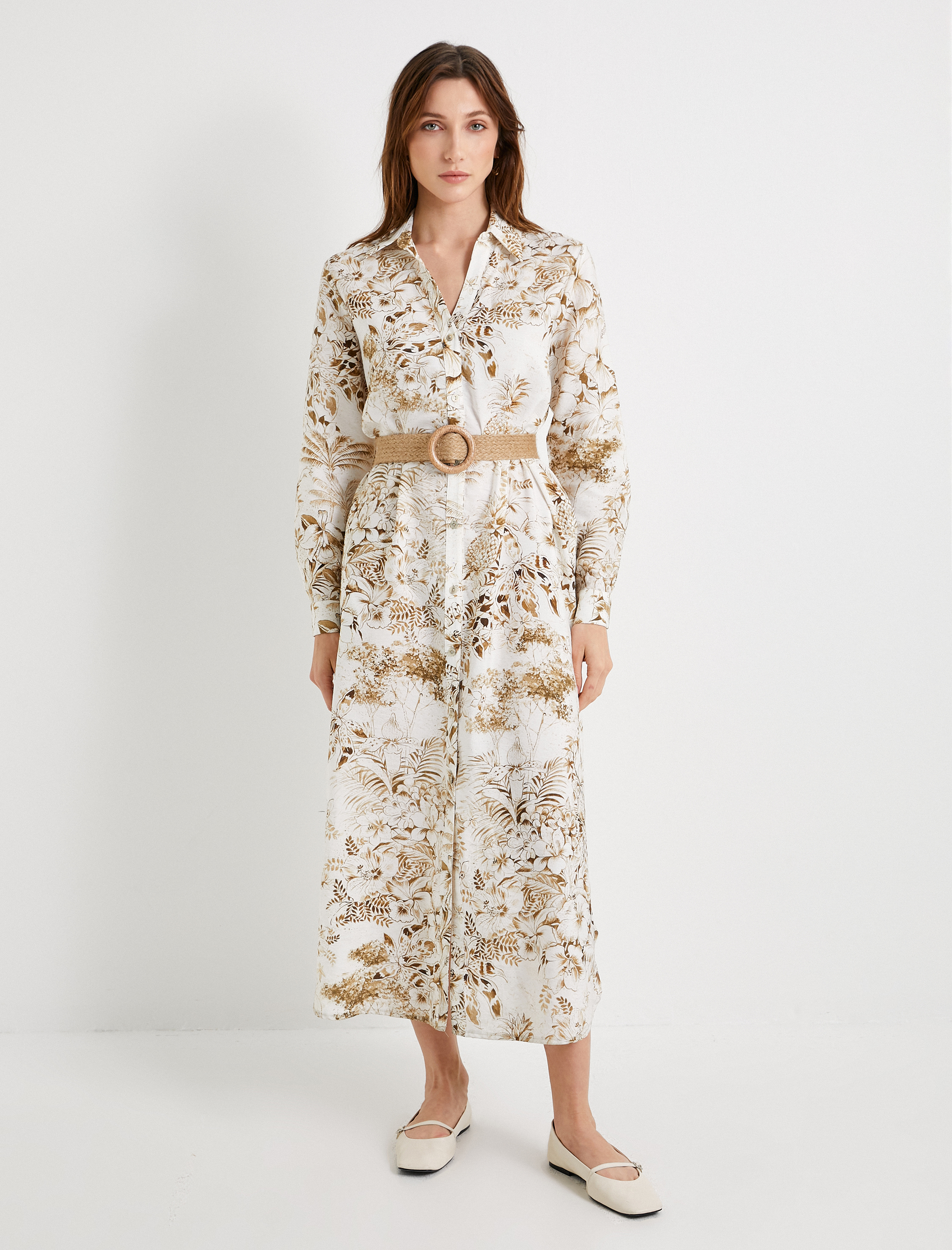   Midi Çiçekli Gömlek Elbise Uzun Kollu Düğmeli Kemerli