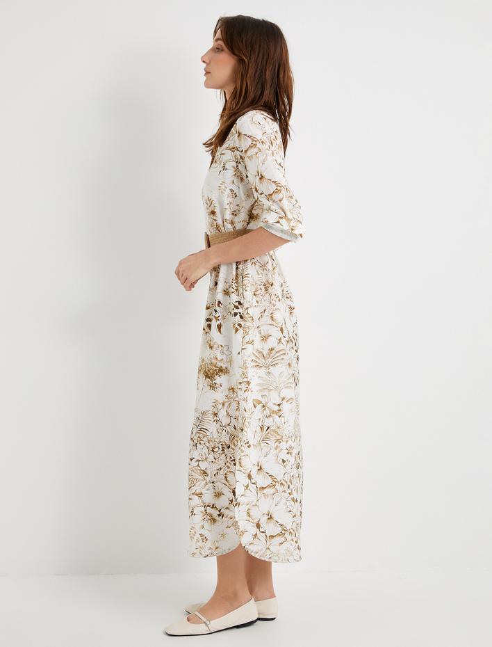  Midi Çiçekli Gömlek Elbise Uzun Kollu Düğmeli Kemerli