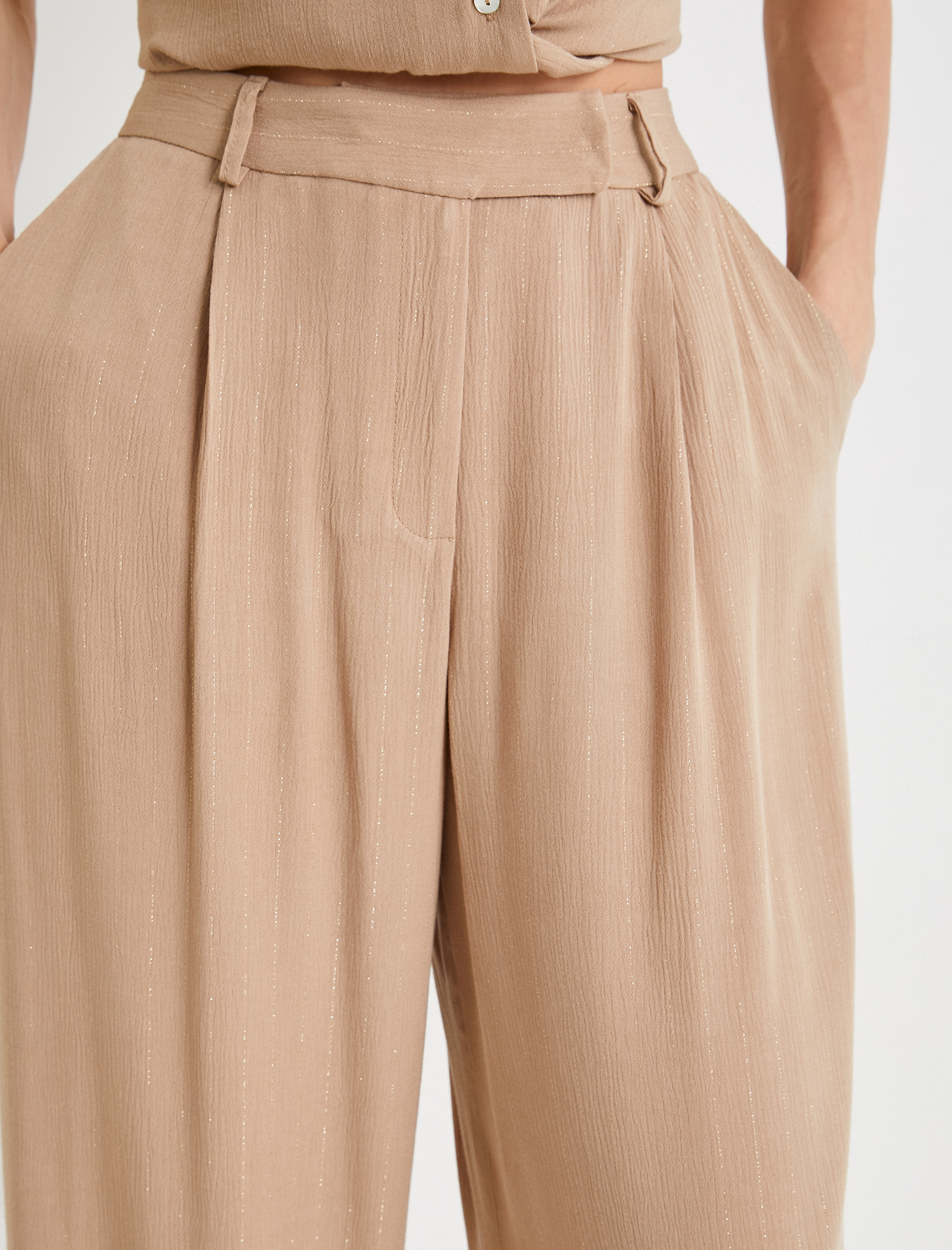   Palazzo Pantolon Simli Pileli Yüksek Bel Astarsız Yarı Transparan