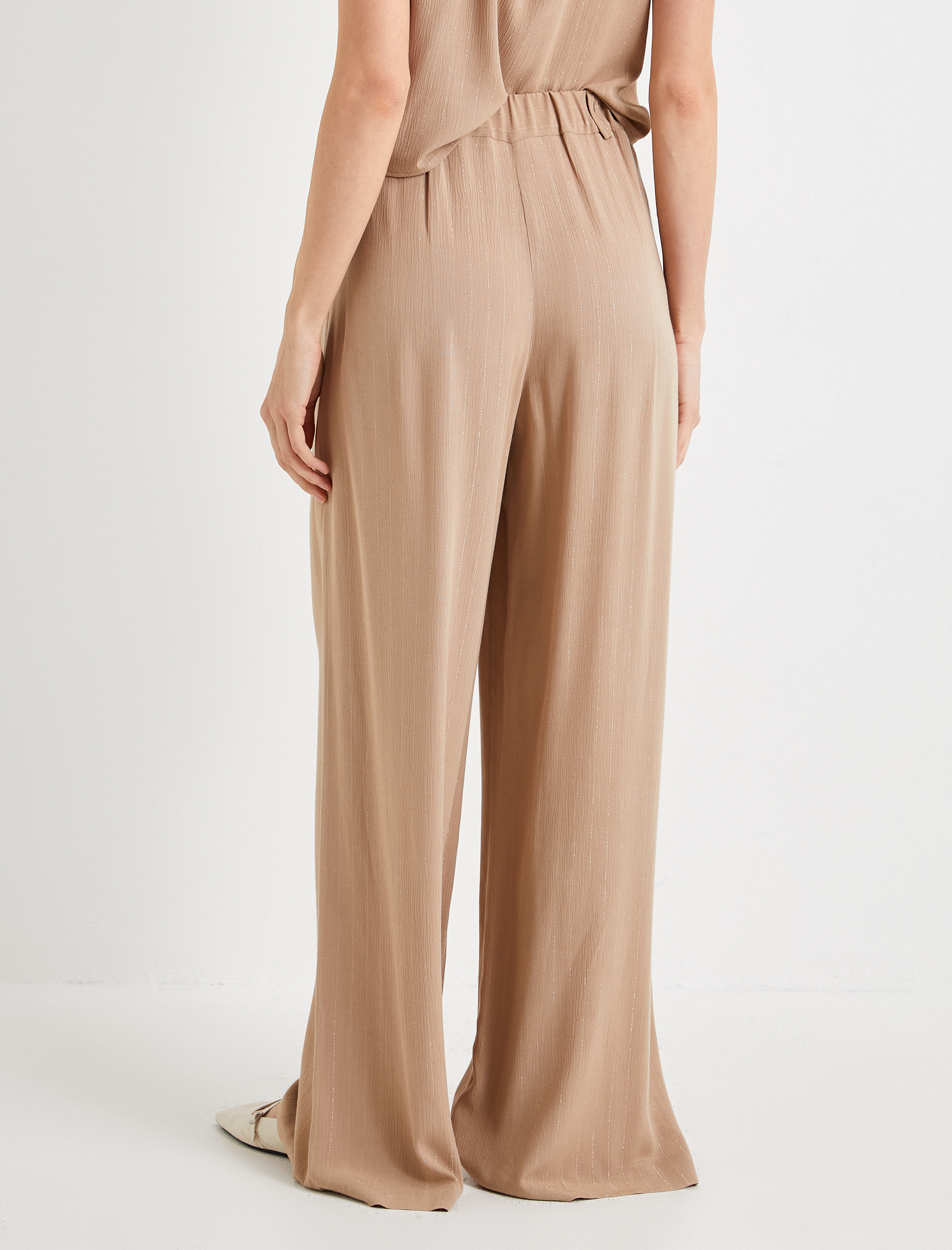   Palazzo Pantolon Simli Pileli Yüksek Bel Astarsız Yarı Transparan