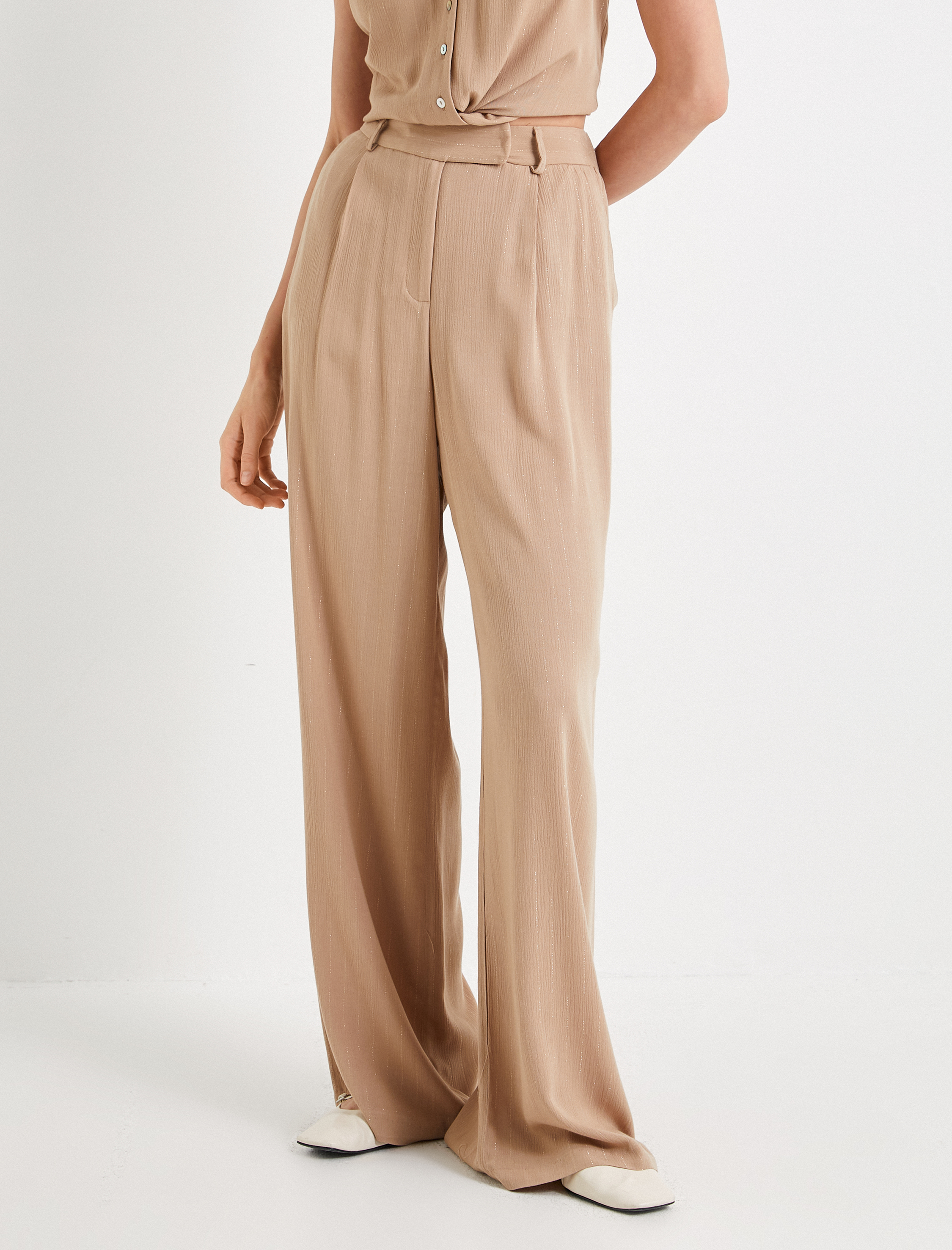   Palazzo Pantolon Simli Pileli Yüksek Bel Astarsız Yarı Transparan