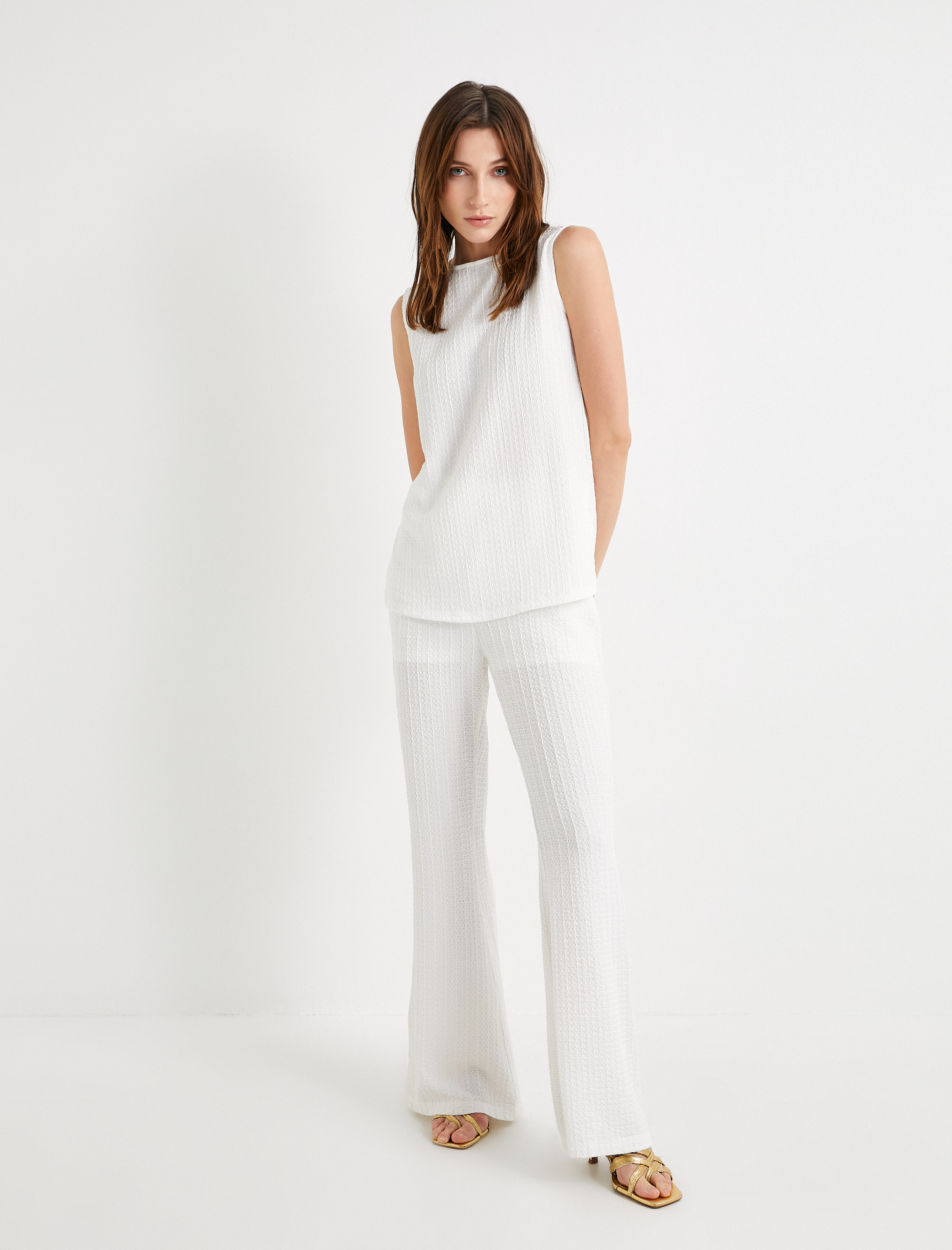   İspanyol Paça Pantolon Dokulu Yüksek Bel