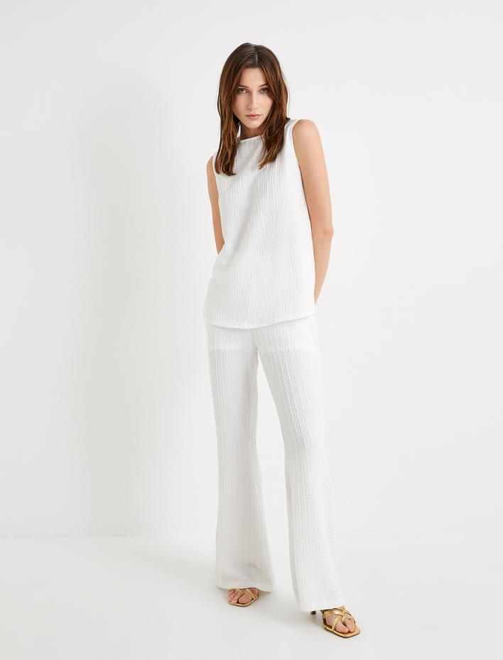  İspanyol Paça Pantolon Dokulu Yüksek Bel