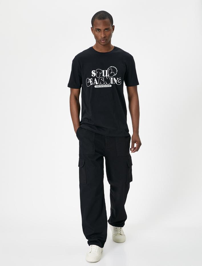  Slogan Baskılı Tişört Bisiklet Yaka Kısa Kollu Pamuklu