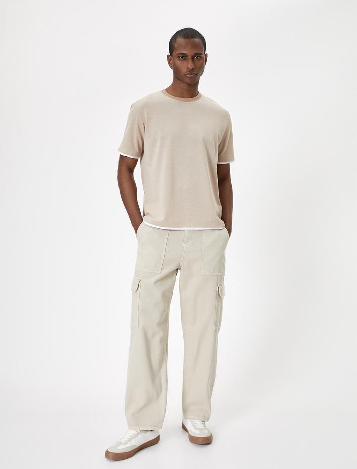  Basic Tişört Dokulu Bisiklet Yaka Kumaş Detaylı Kısa Kollu