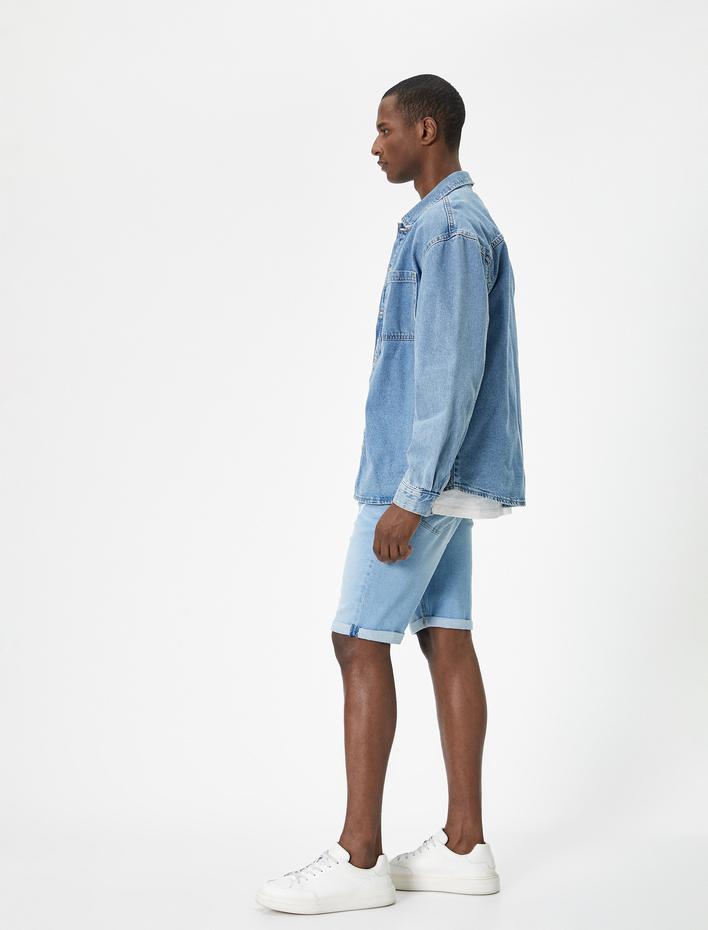  Yırtık Kot Şort Slim Fit Katlama Detaylı Düğmeli Cepli