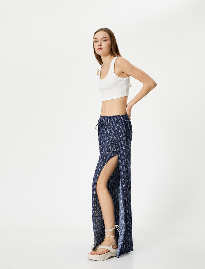  Kruvaze Pantolon Yanları Yırtmaçlı Etnik Desenli Bağlamalı Bürümcük