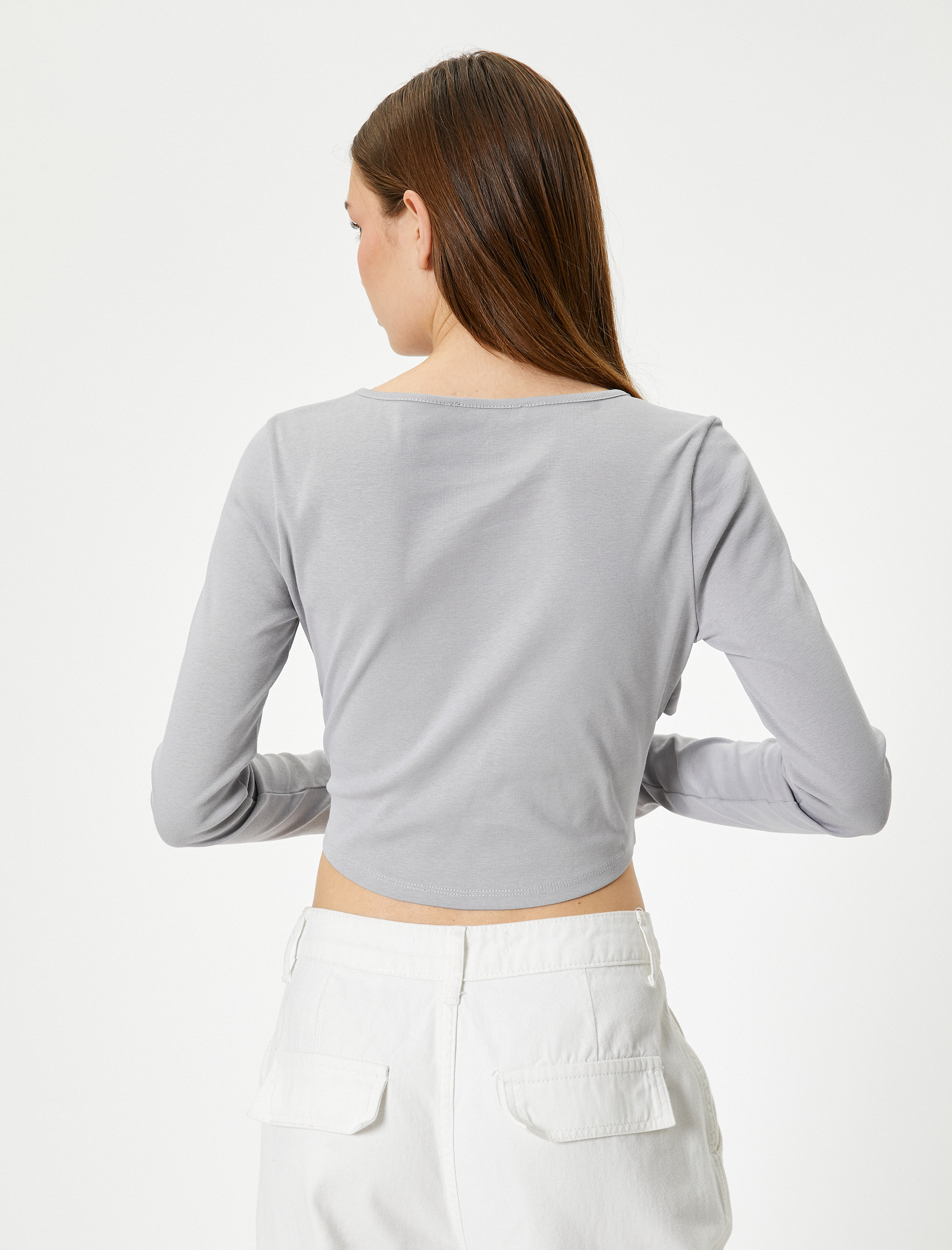   Uzun Kollu Tişört Önü Düğüm Detaylı Yuvarlak Yaka Slim Fit