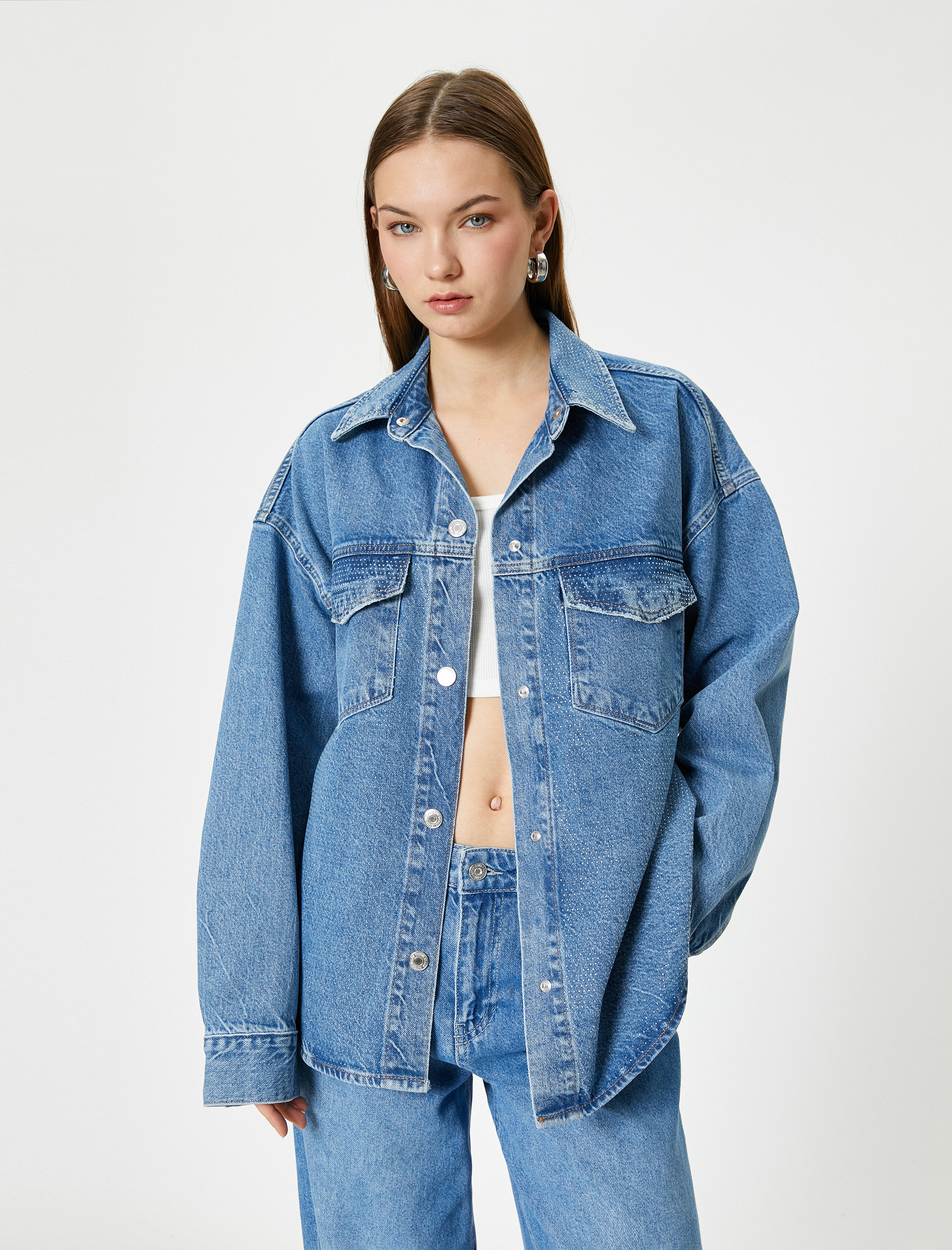   Uzun Kot Ceket Gömlek Yaka Kapaklı Cepli Pamuklu