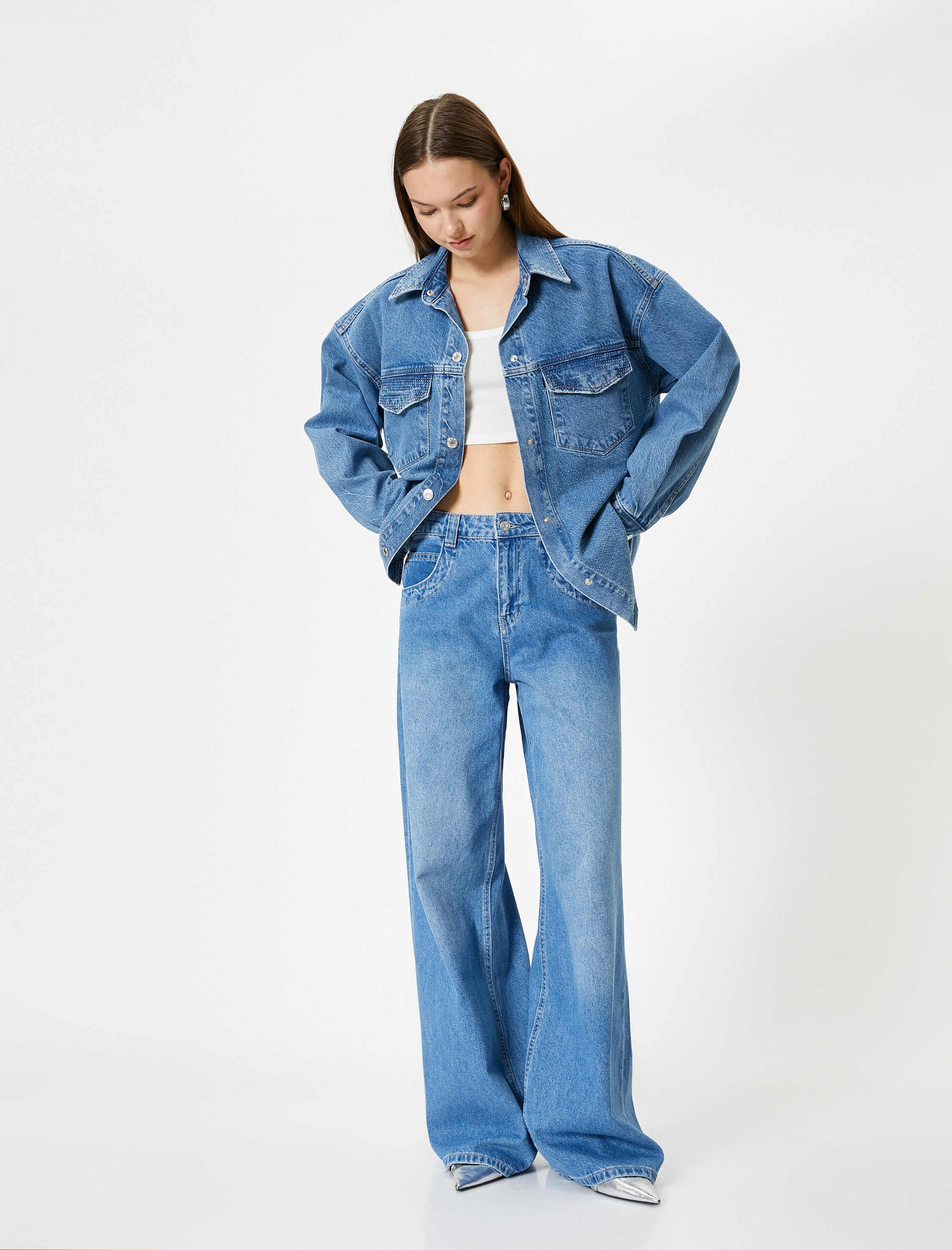   Uzun Kot Ceket Gömlek Yaka Kapaklı Cepli Pamuklu