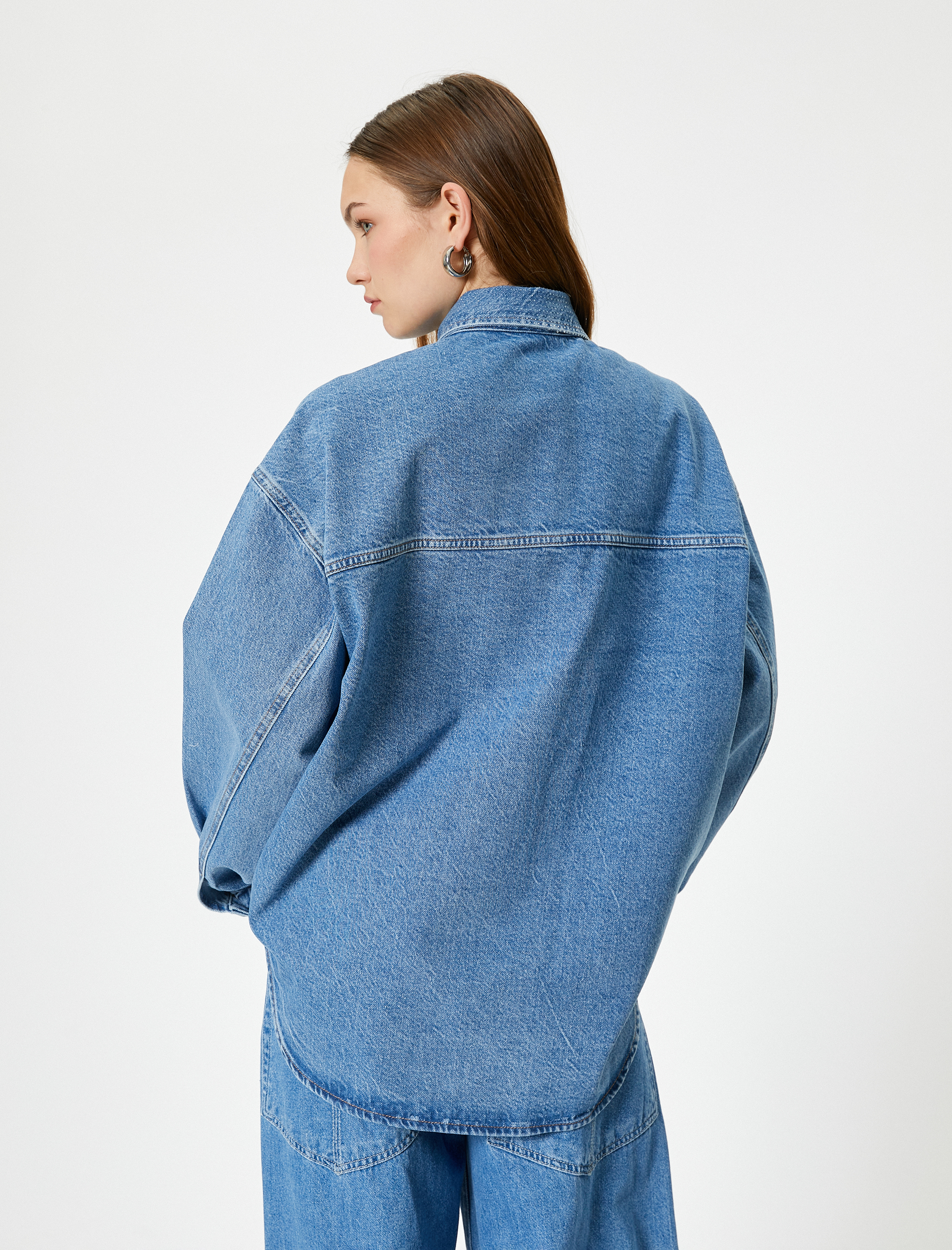   Uzun Kot Ceket Gömlek Yaka Kapaklı Cepli Pamuklu