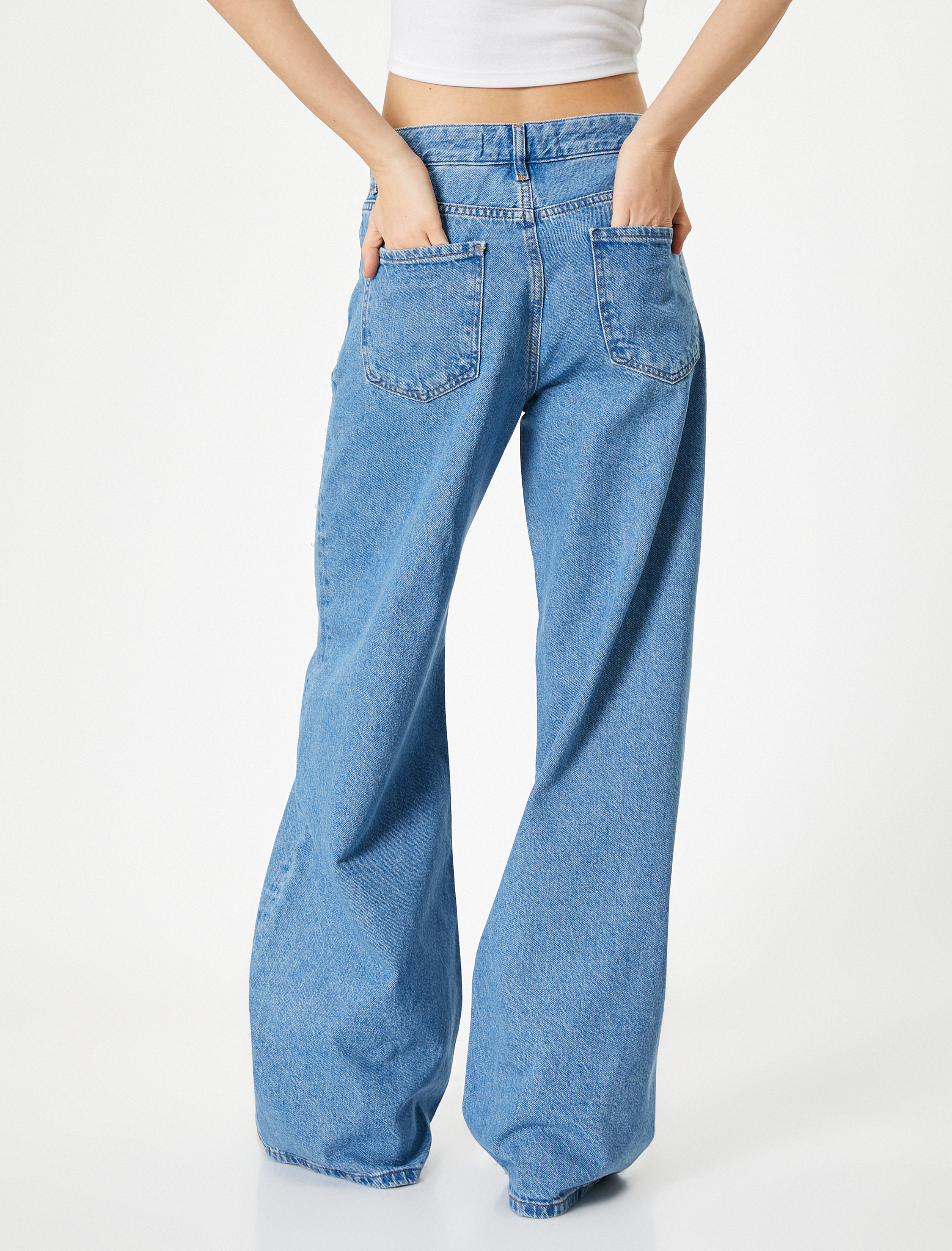   Taşlı Kot Pantolon Geniş Paça Cepli Standart Bel - Bianca Wide Leg Jeans